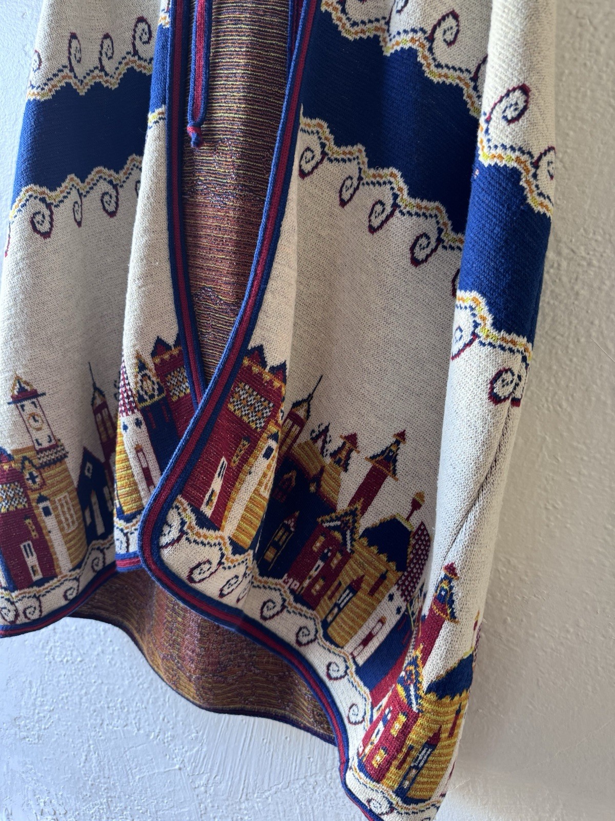 Vintage 1970’s Folkloric Hooded Cape In Novelty City Pattern By Sabra Knitwear
