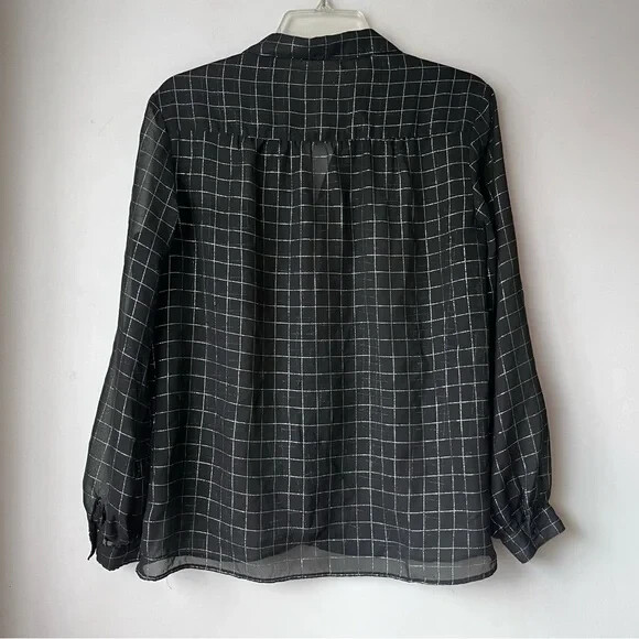 Vintage 80s Loubella Black Metallic Silver Grid Sheer Button Front Shirt 12