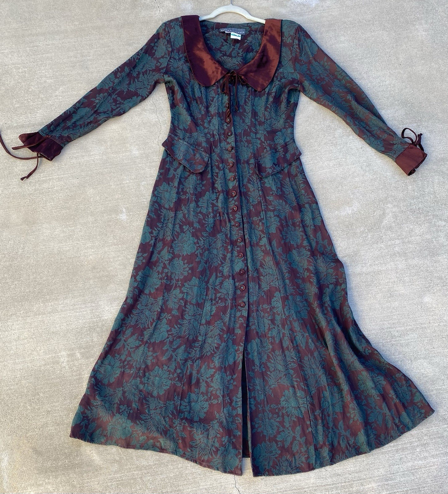 Vintage 80s 90s Karen Alexander Floral Jacquard Maxi Dress Burgundy Green USA 8