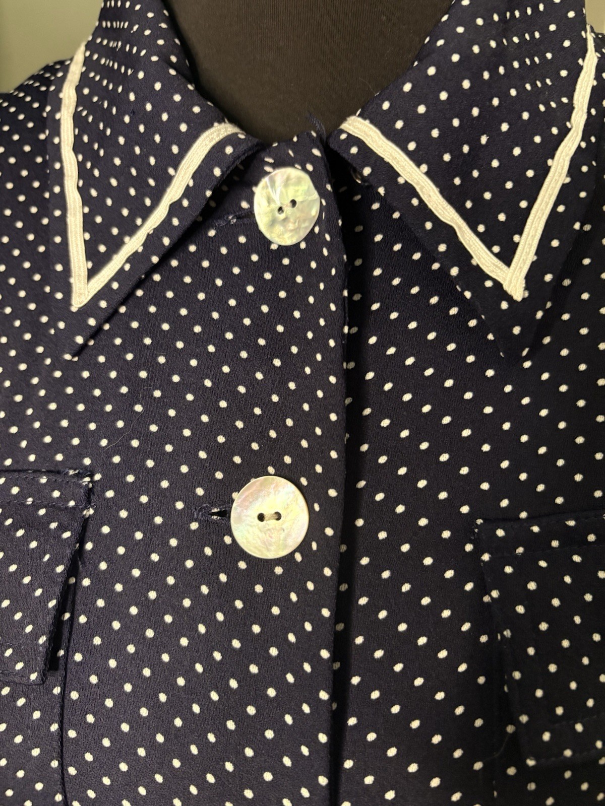 Vintage Navy Polka Dot Front Button Dress W Mother of Pearl Buttons
