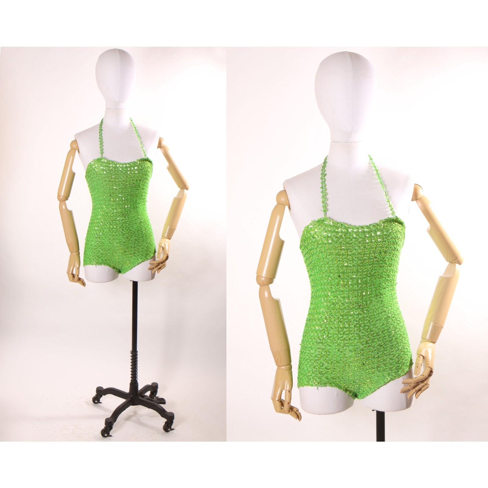 1960s Green One Piece Stretchy Sequin Halter Neck Burlesque Showgirl Costume