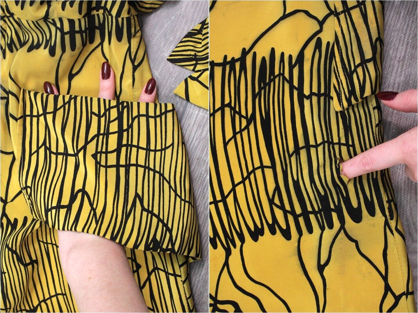 VTG Women’s 40s Yellow & Black Silk Zip Up Silk Dress Sz XS 1940s Claudia Young