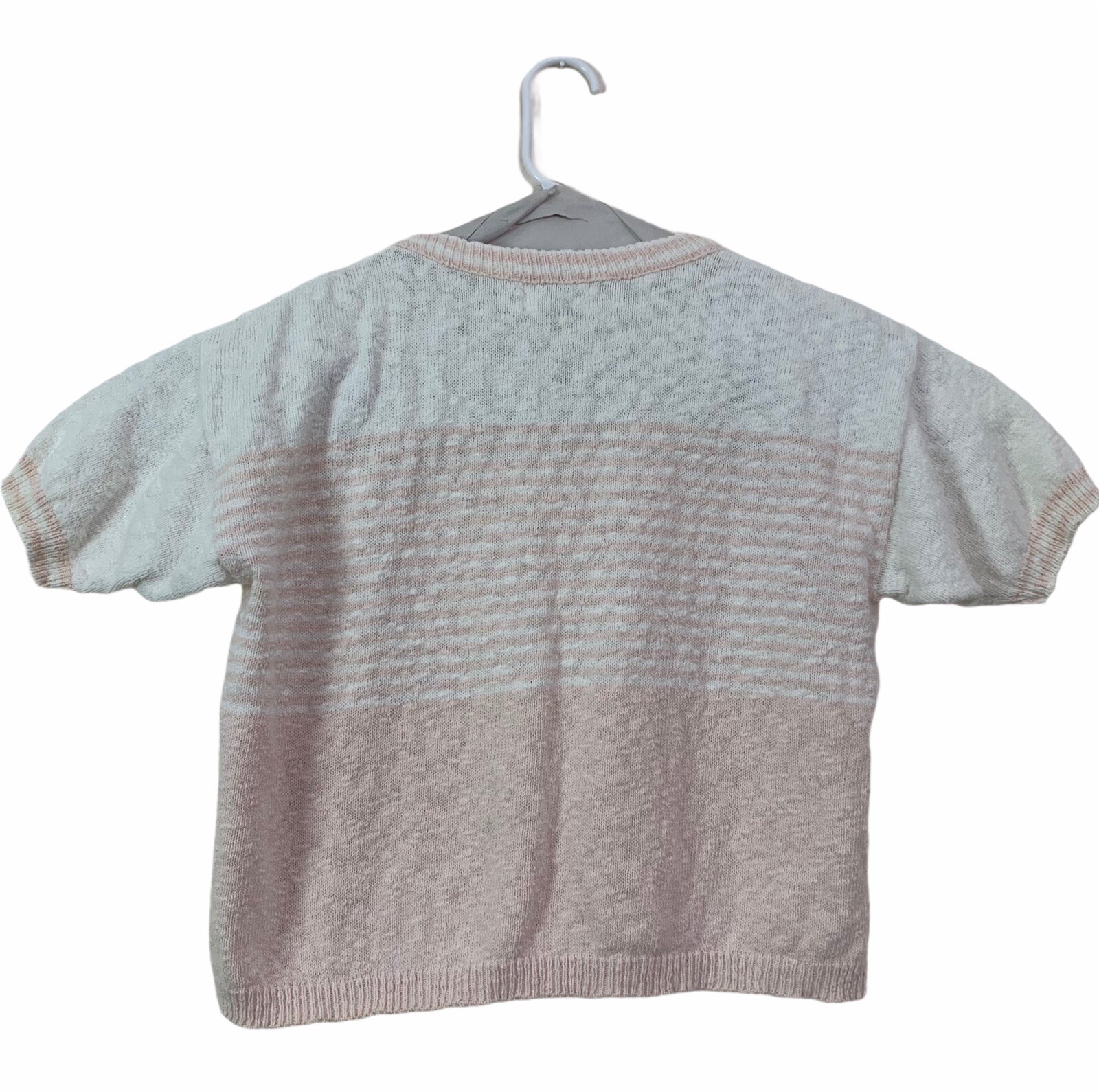 Vintage 80s Medium Lucia Knit Crop Top Short Sleeve Pastel Pink Cream USA Made