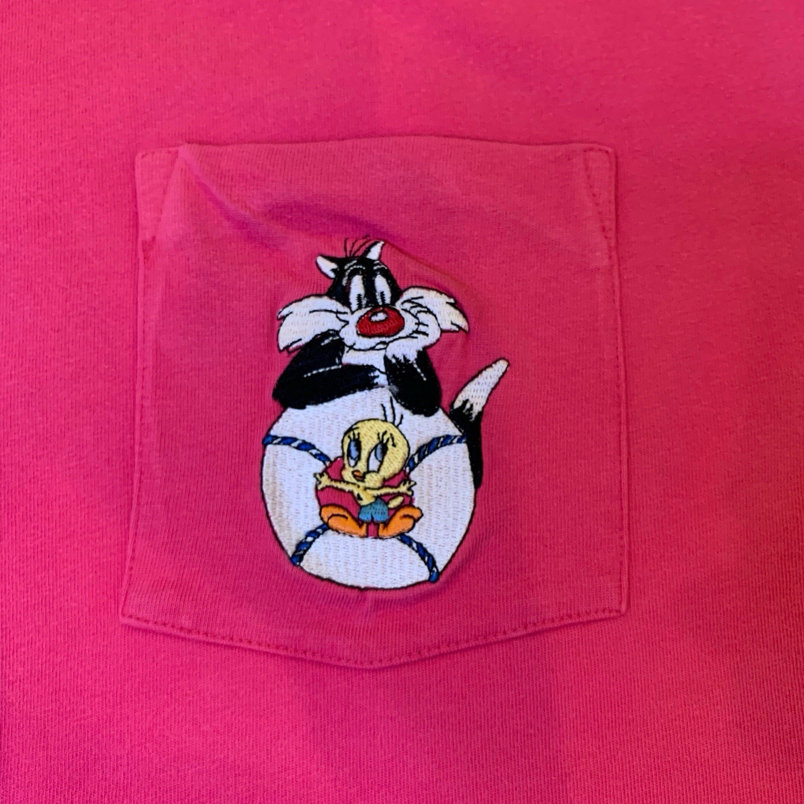 Vintage Acme Clothing Looney Toons Pink Women’s T-Shirt Embroidered Pocket RARE