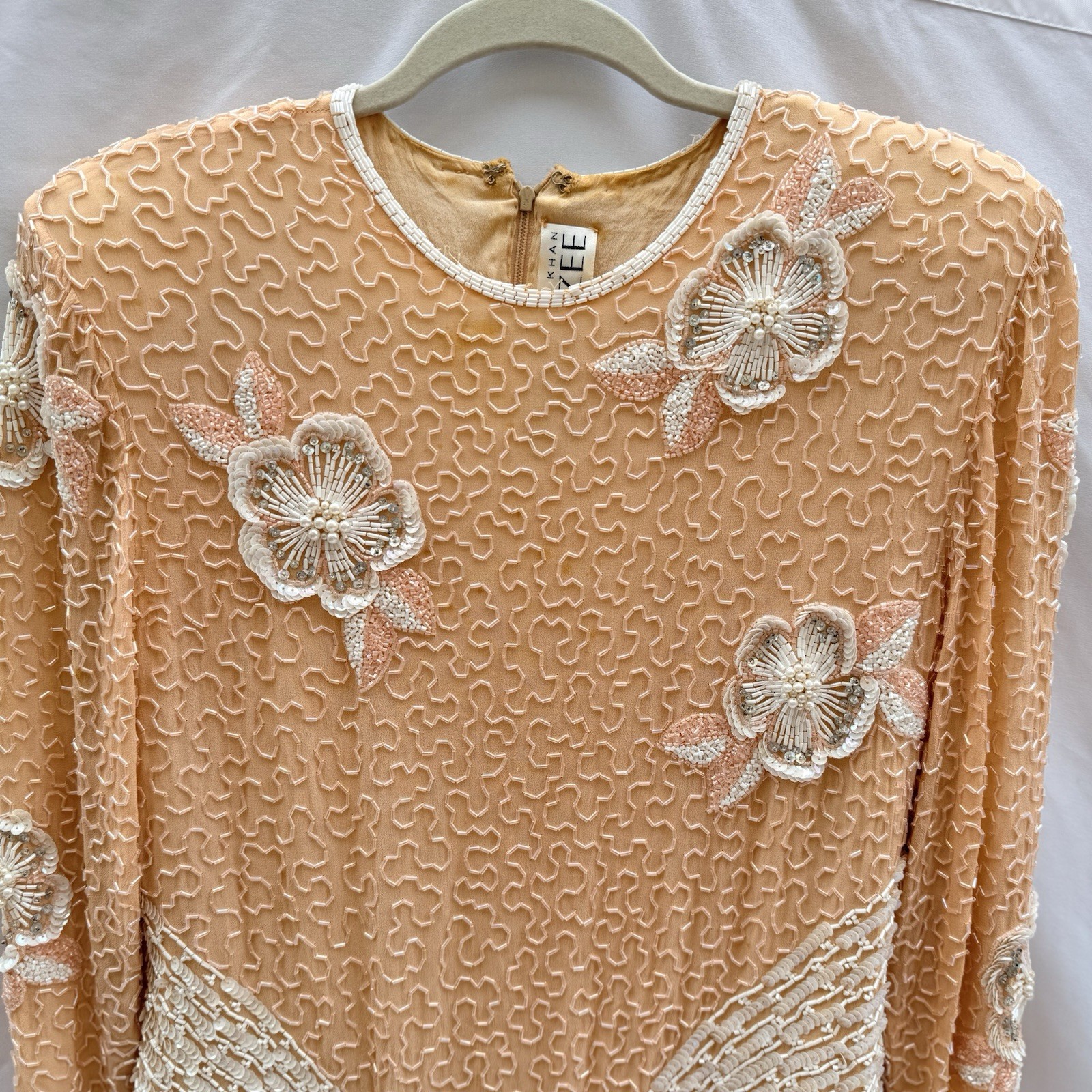 Vtg 80s Naeem Khan Riazee Suzarila Silk Beaded Gown Set Peach Ruffle Dress Scarf