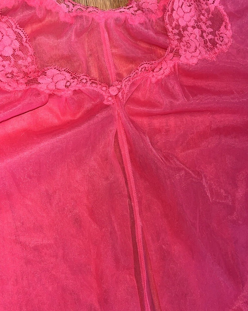 60s Vtg Pale Red Sheer Nylon MIDI Robe Chiffon & Lace Boudoir Lingerie Sexy