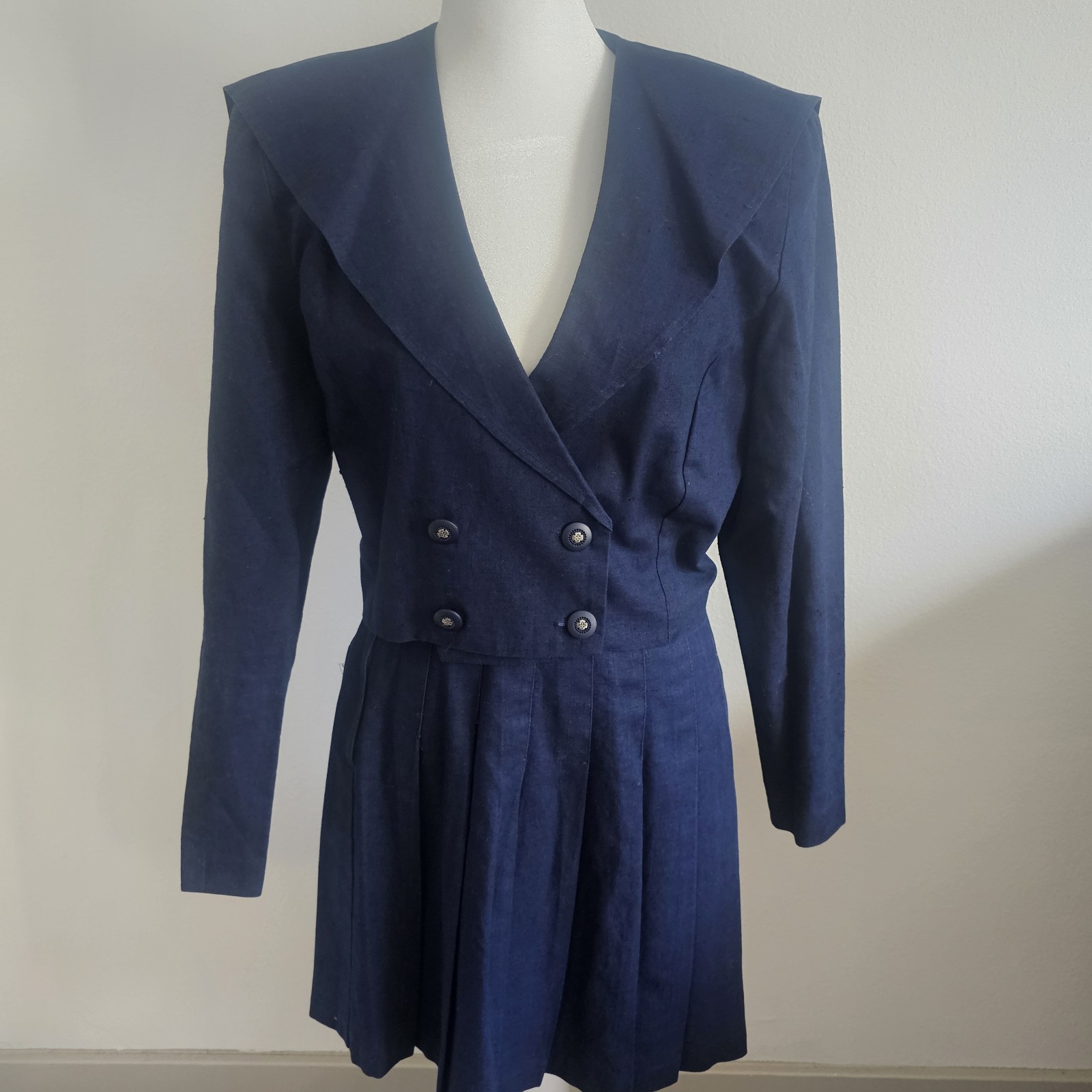 Vintage 90s Clothes Circuit Linen Cotton Blend Navy Blue Blazer Skirt Set Medium