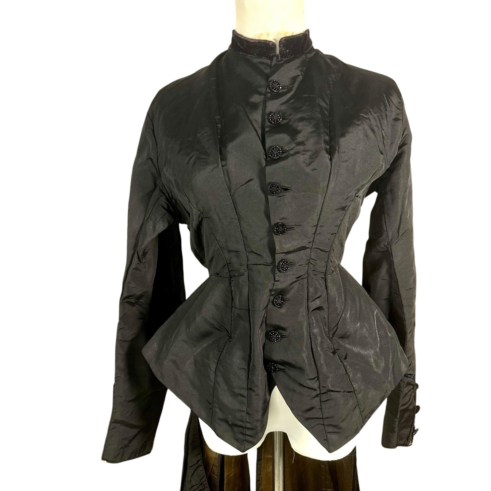 Antique 1890s Victorian Black Silk Mourning Coat Jet Beaded Tailcoat Jacket