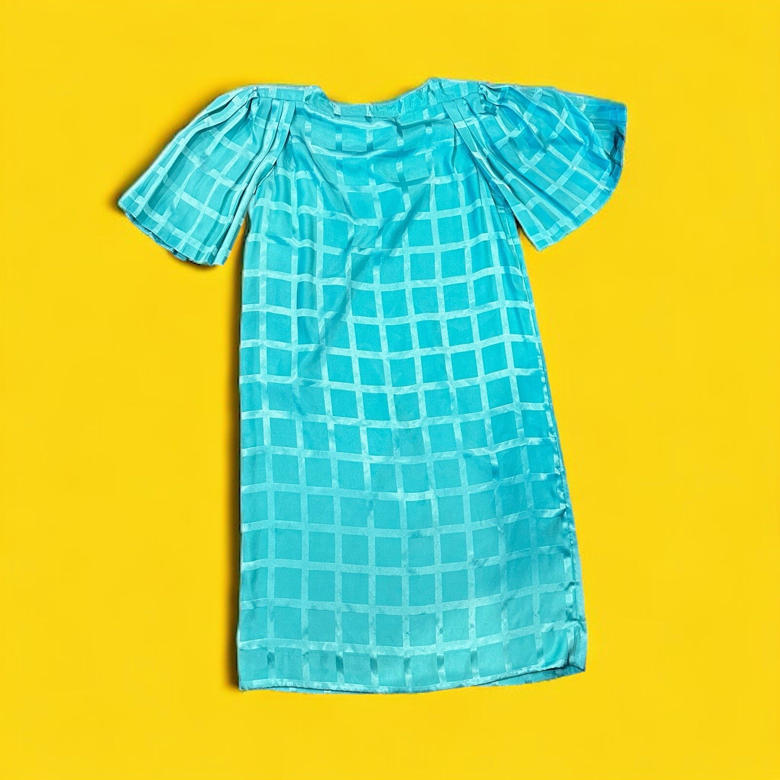 Vintage Teal Blue Windowpane Satin Midi Dress Pleated Flutter Sleeve Belted M