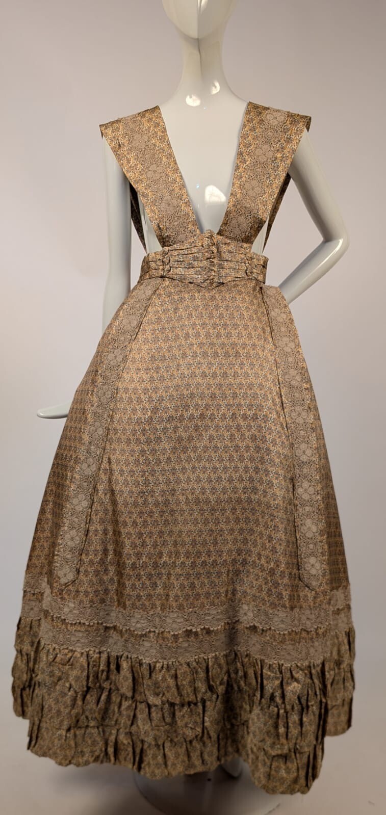 EDWARDIAN 4 PC FLORAL SILK DRESS W BRACE TOP + RUCHED BELTS + LACE TRIM