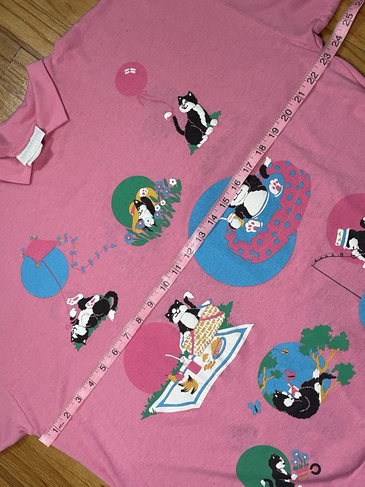 Vintage 80s Spumoni Pink Cats AOP Collared T-Shirt Size Large