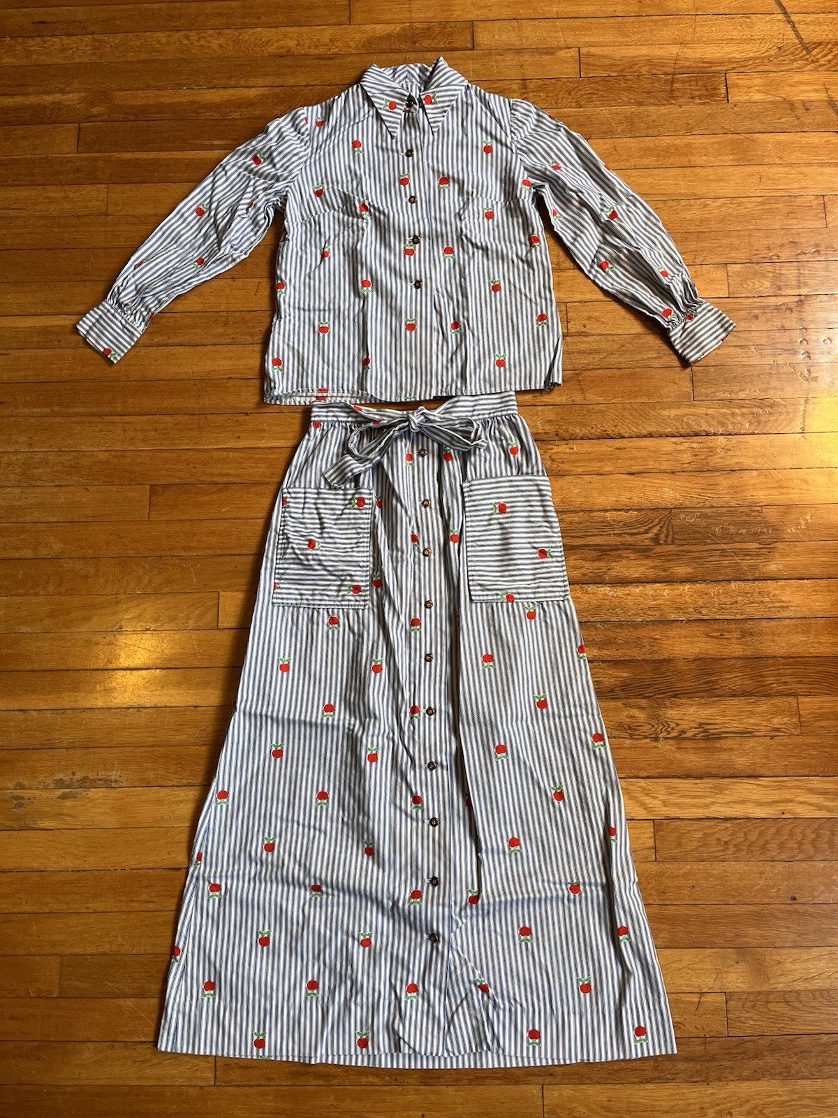 VINTAGE 70s Jamison Boutique Apple Co-Ord Set 2 Piece Shirt Skirt Pinstripe Blue