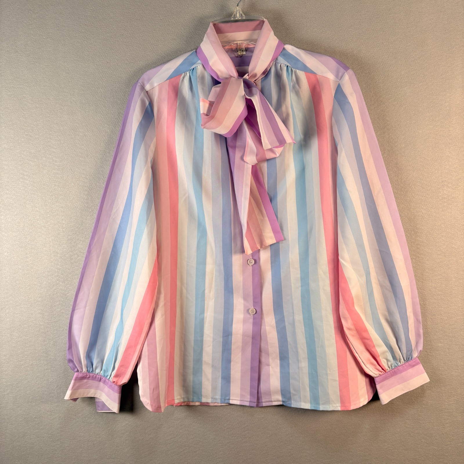 Vintage Carriage Trade Pastel Rainbow Stripe Bow Tie Blouse Size 6