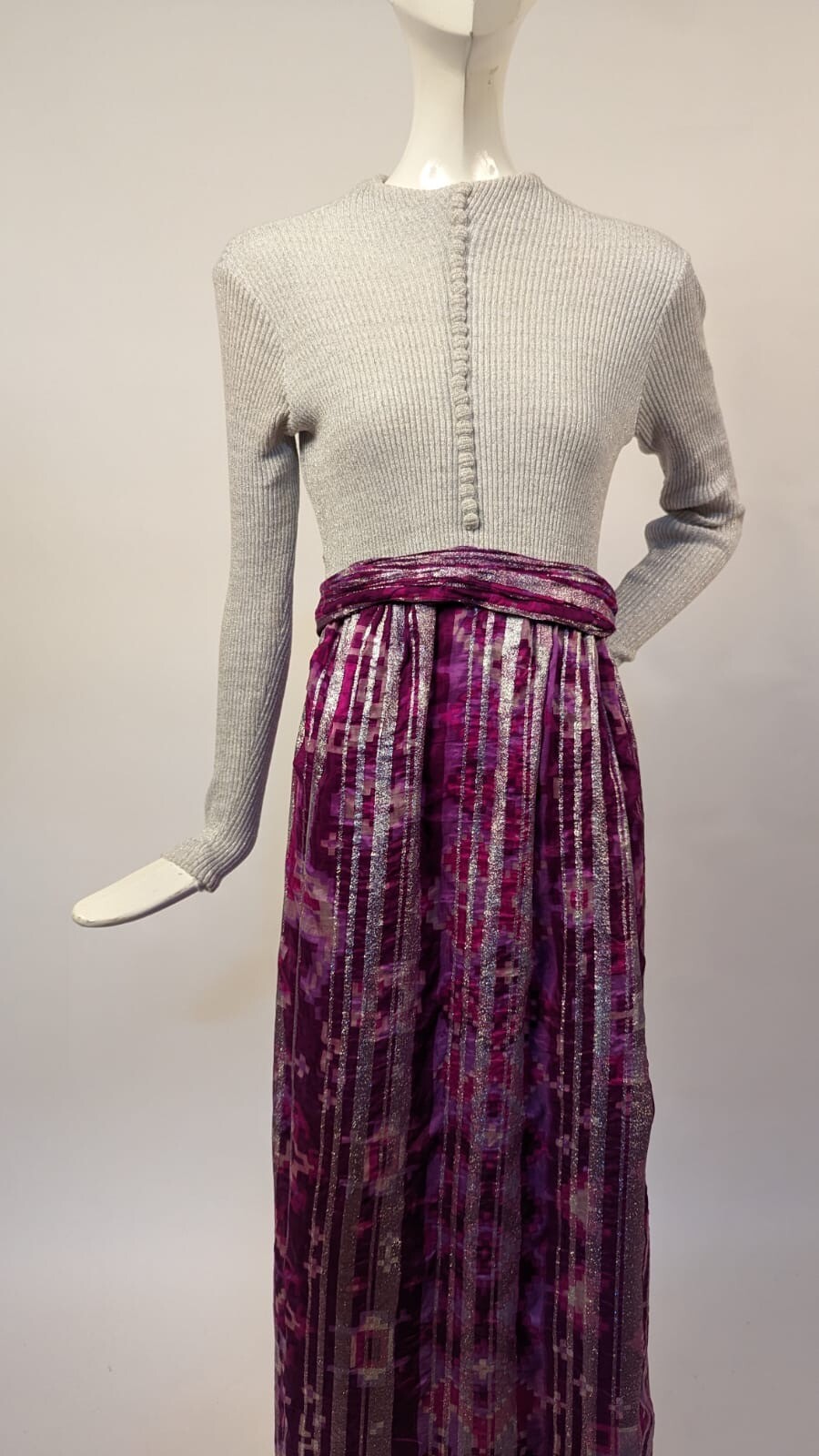 VINTAGE 1970’S GLITTERED GRAY KNIT + SILVER STRIPED FLORAL LONG DRESS
