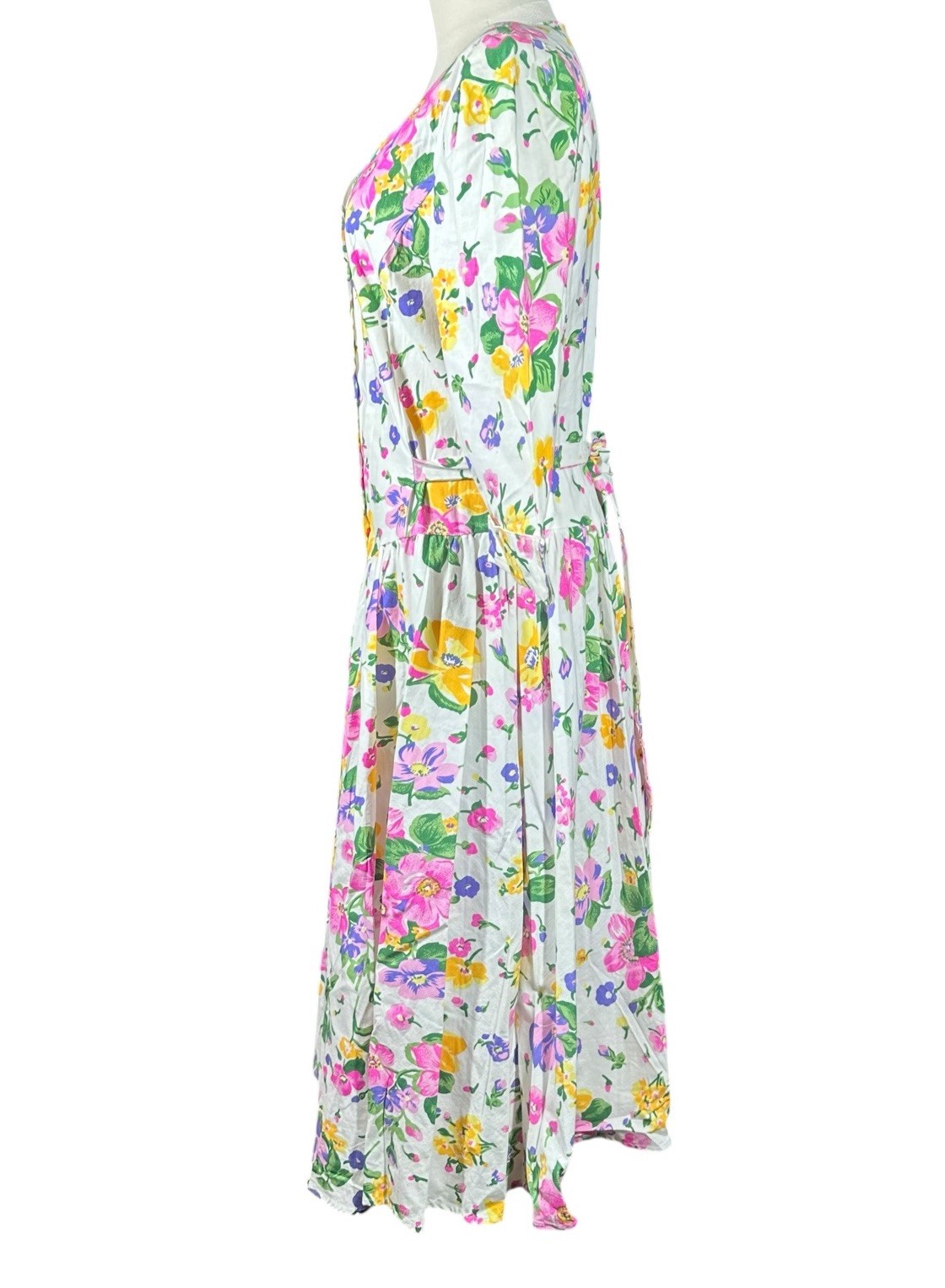 Vtg 80s Cottagecore White Pink Floral Midi Dress Drop Waist Shoulder Pads Sz 12
