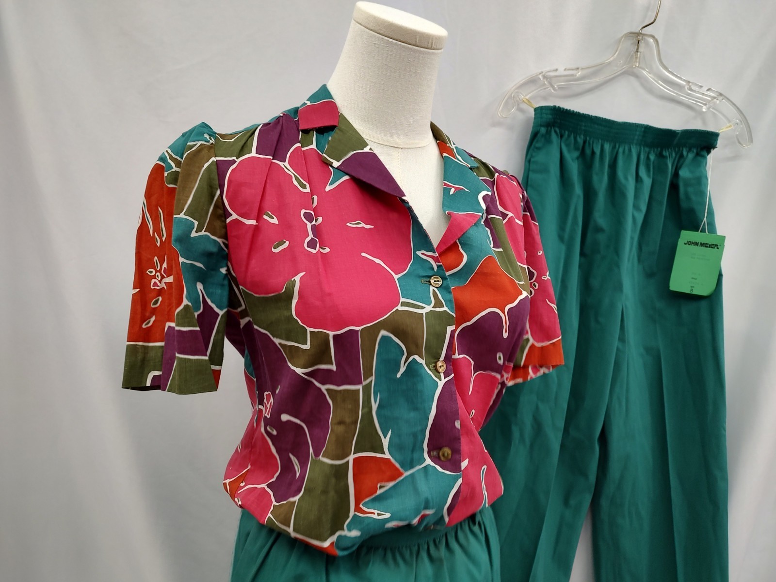 70’s John Meyer Leisure Set Outfit Pants Skirt Top Blouse Retro Floral Green 6/8
