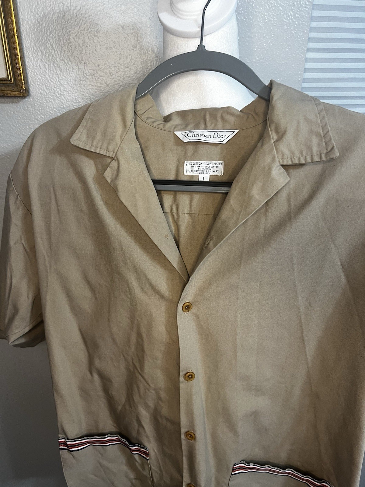 Vintage Christian Dior Work Shirt Button-Down Women’s Large Tan , Blue White red