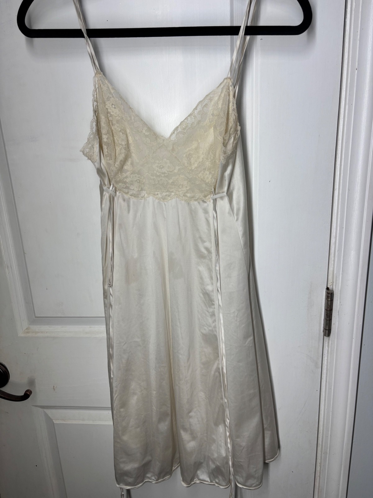 Vintage 70s 80s Ivory Satin Lace Full Length Nightgown Slip Dress Bias Cut