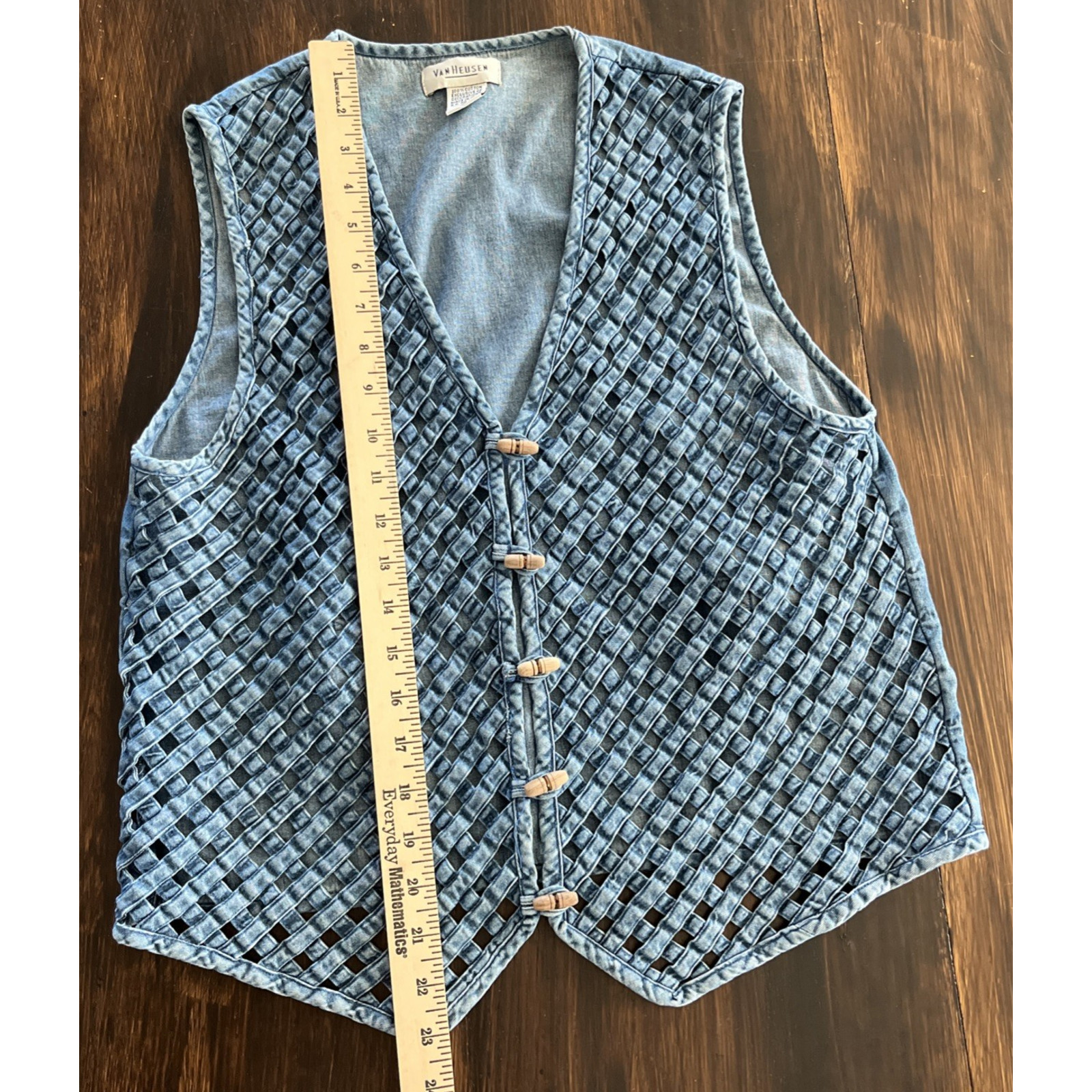 Vintage Woven Lattice Denim Vest Wood Toggle Button Boho Cowgirl Cottagecore M