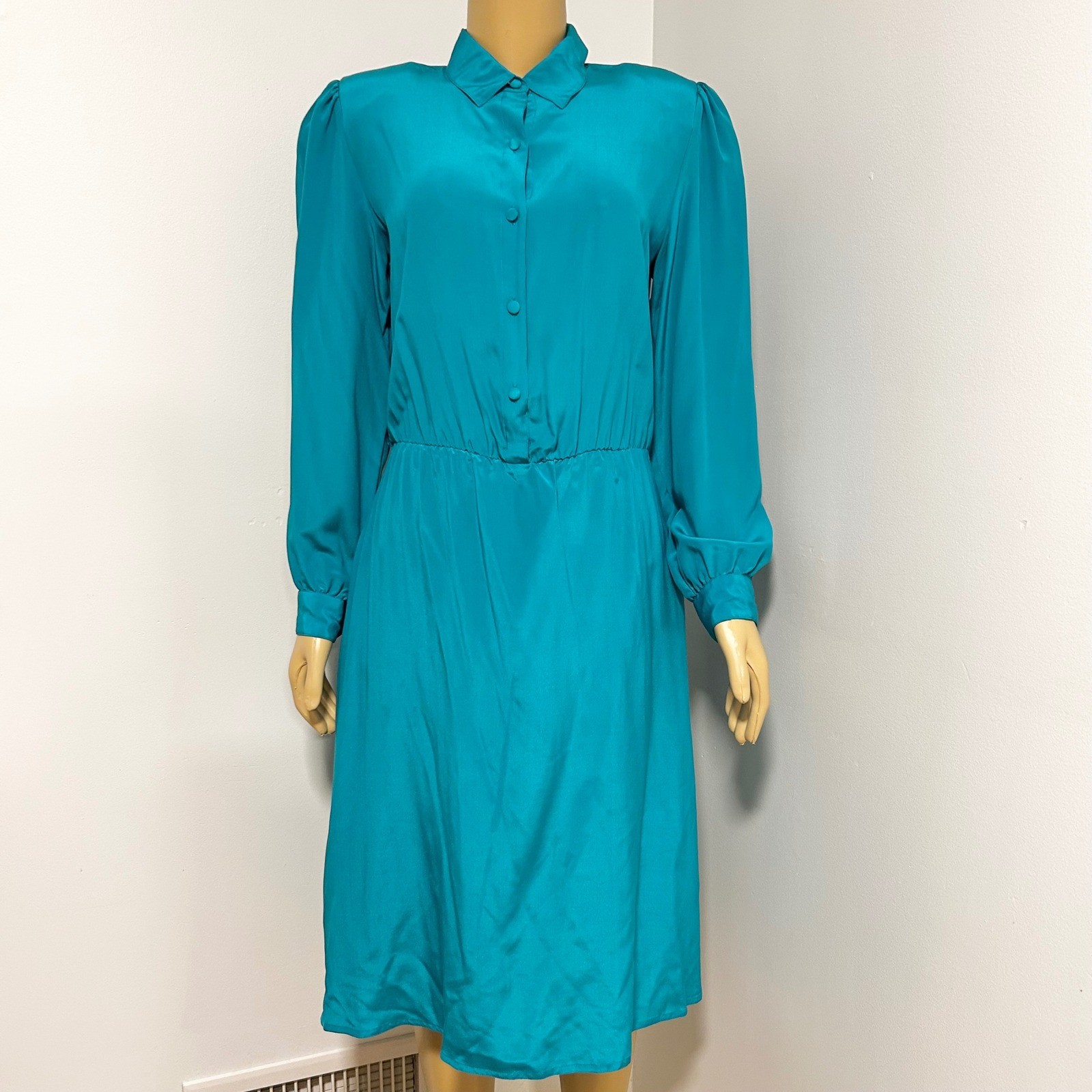Vintage Tracer Silk Dress Teal Blue Button Front Puff Sleeve Midi Medium 12