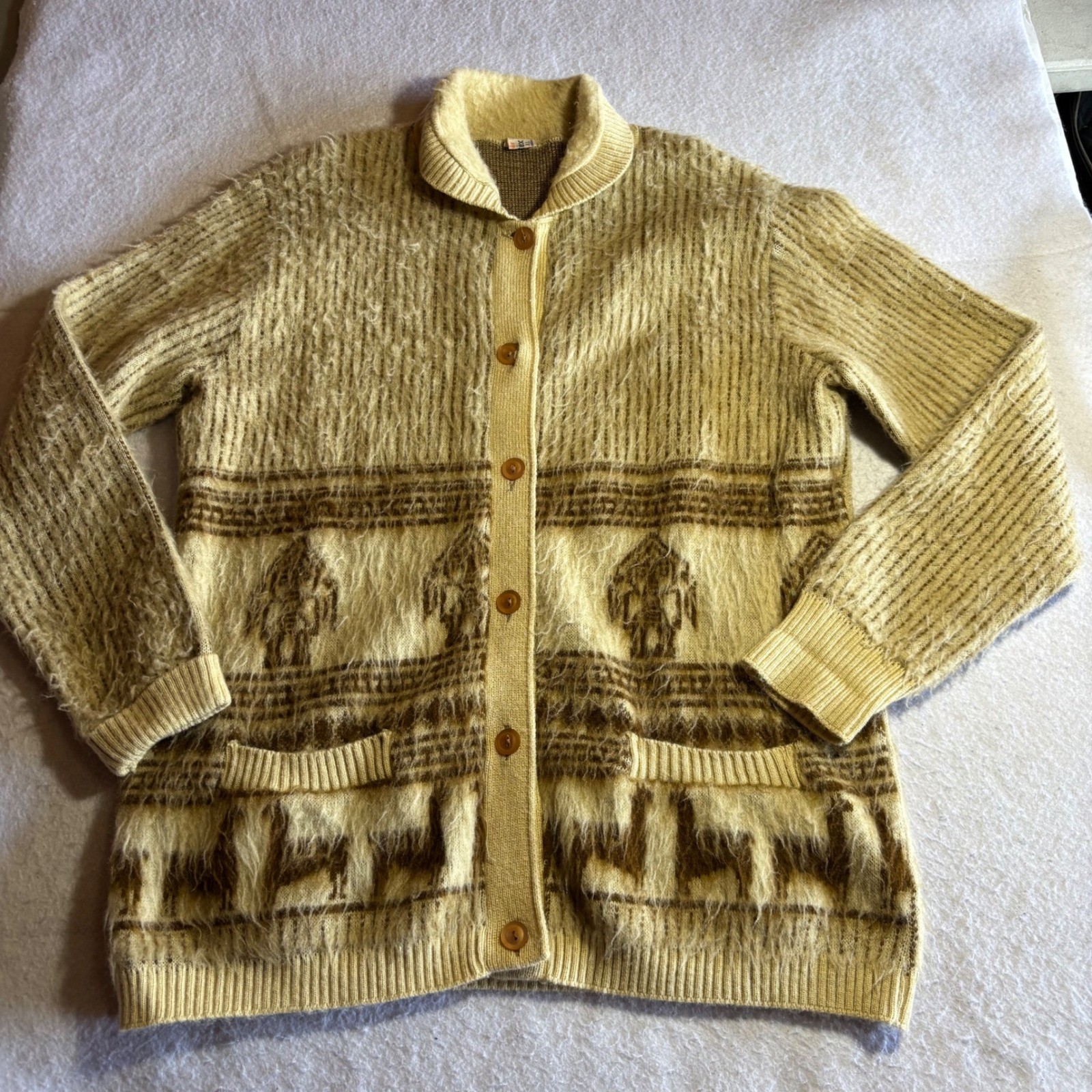 Vintage Ogniotex Llama Alpaca Wool Shaggy Fuzzy Cardigan Sweater XL Collar Brown