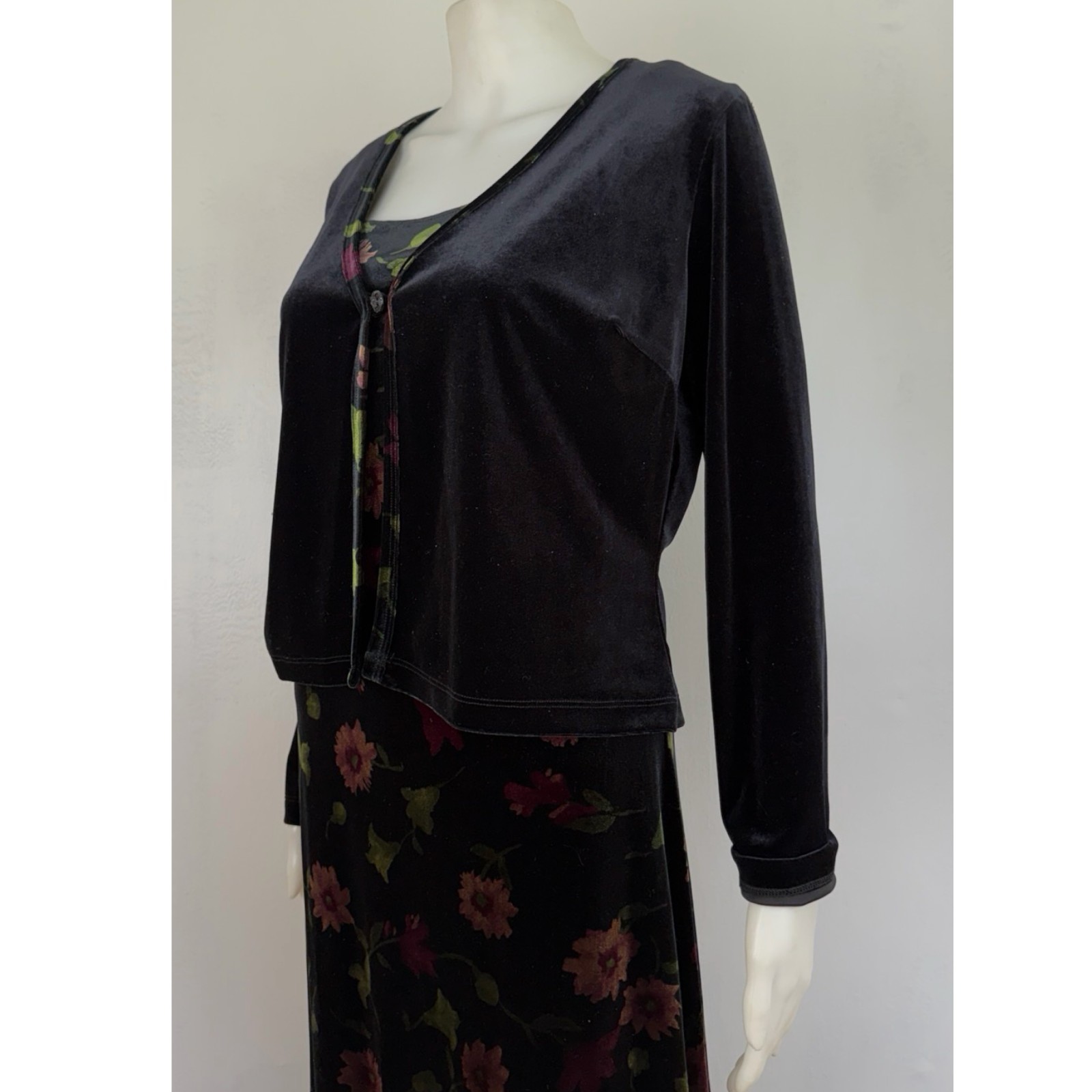 Vintage Crushed Velvet Dress & Jacket Set Size Small 90s Black Floral Maxi