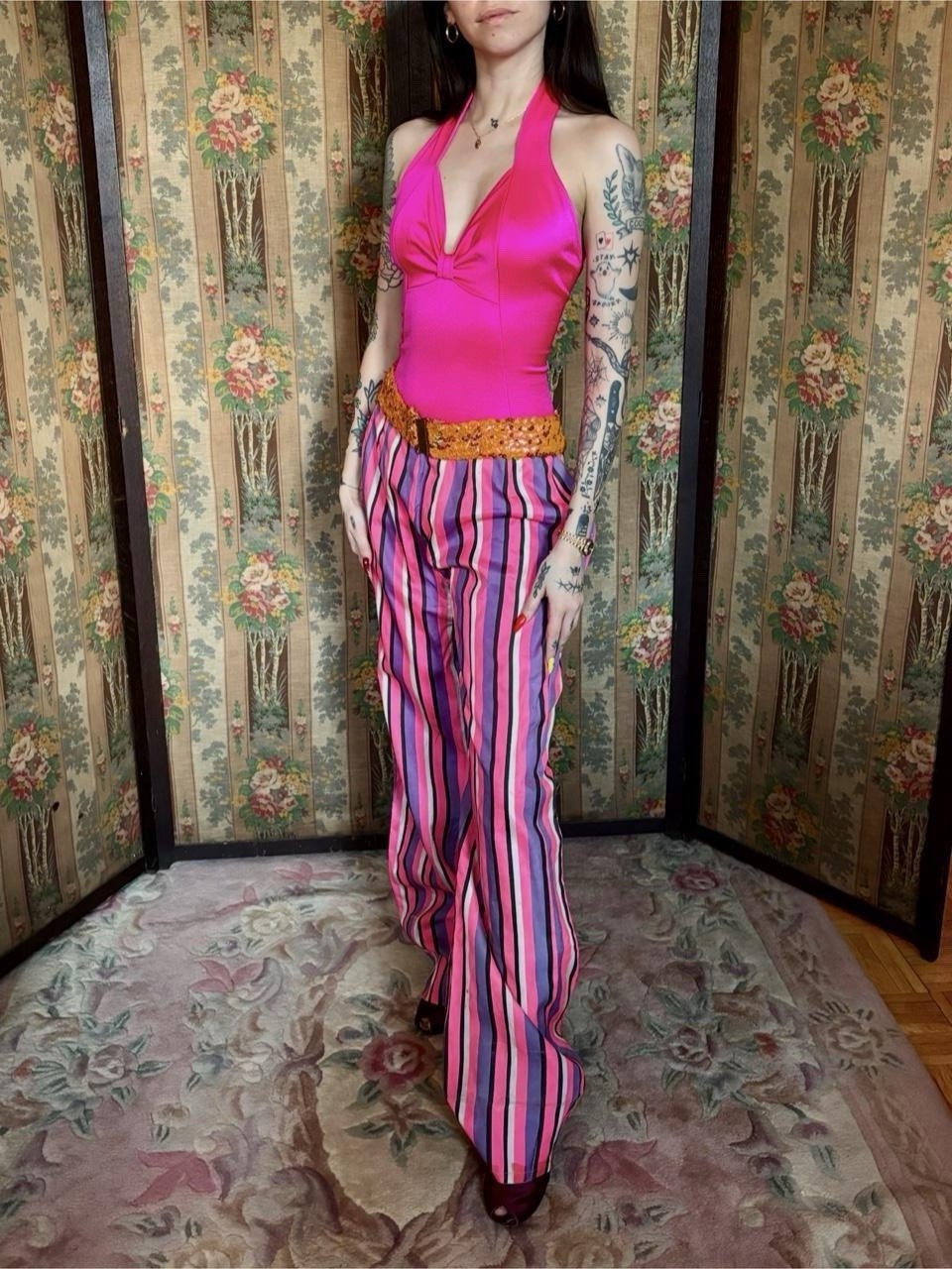 1970s Hot Pink & Purple Striped Glam Rock Pants, Size M, 28” Waist, As Is