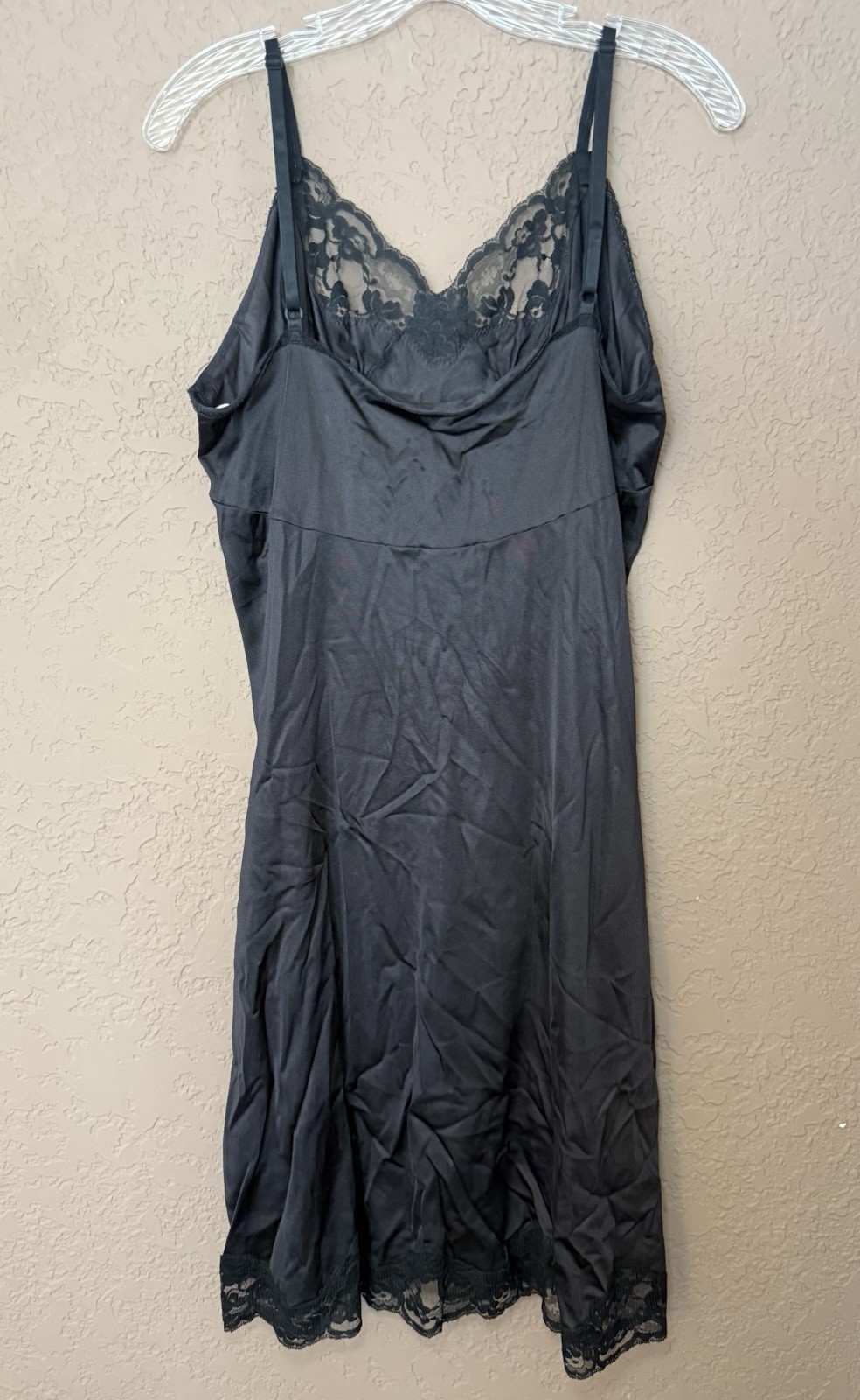 Vintage Nylon Lace Poly Chemise Full Slip Adjustable Straps Black Lingerie Sz 38
