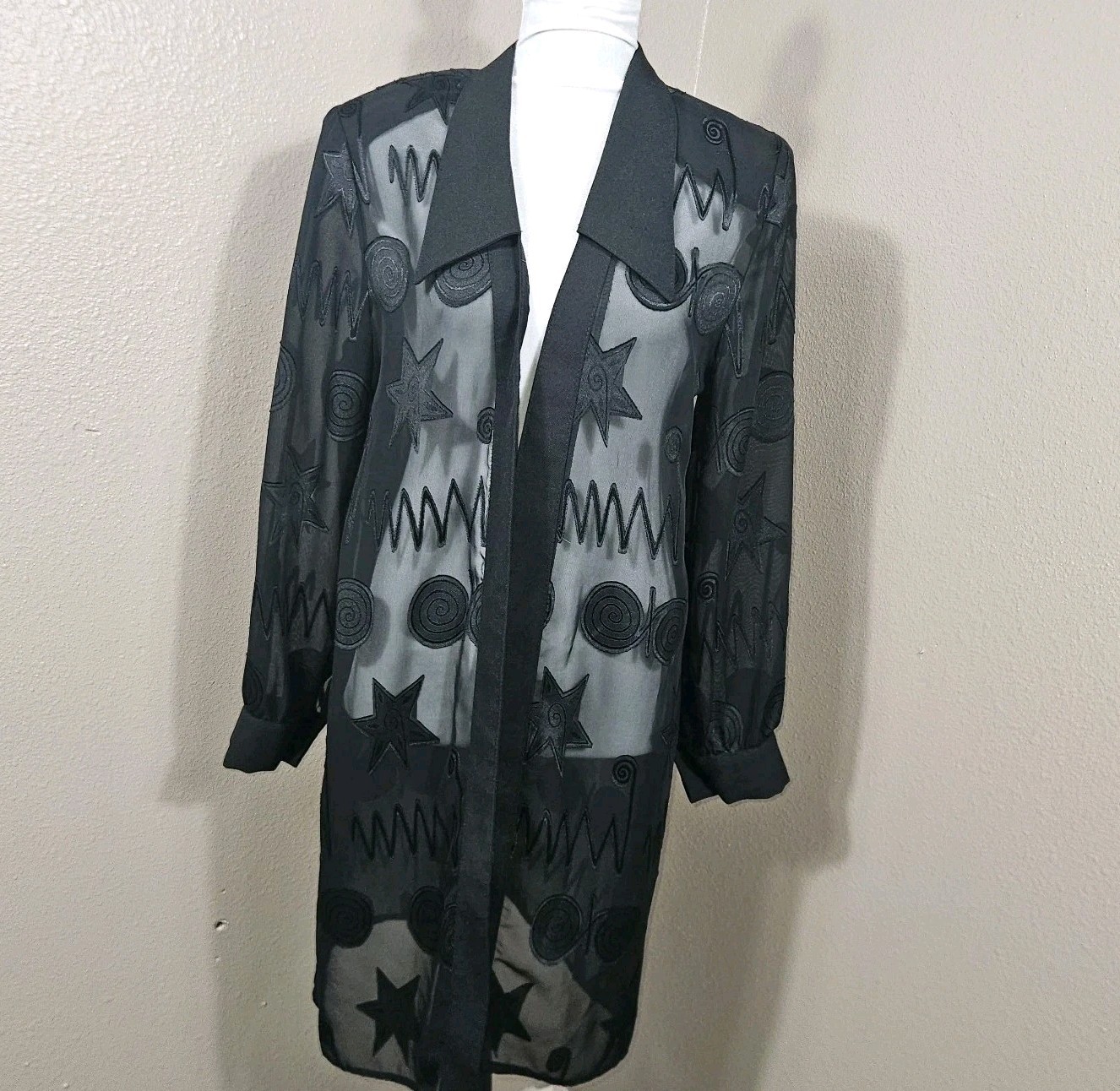 Whimsigoth Sheer Black Lagenlook Top L Embroidered Art Deco Vtg 90s Art To Wear