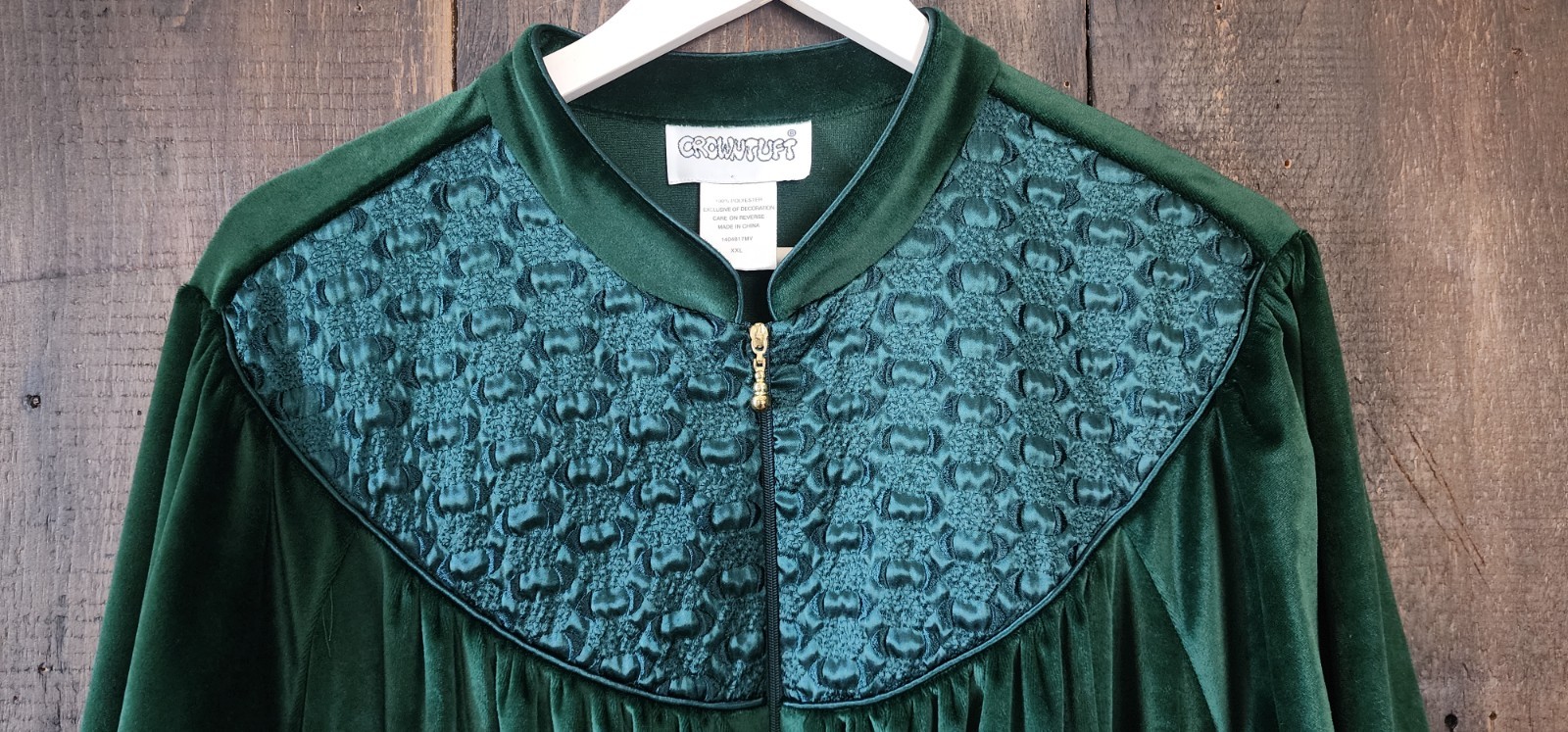 Vintage Crowntuft Emerald Green Velvet Zippered Robe Pockets XXL