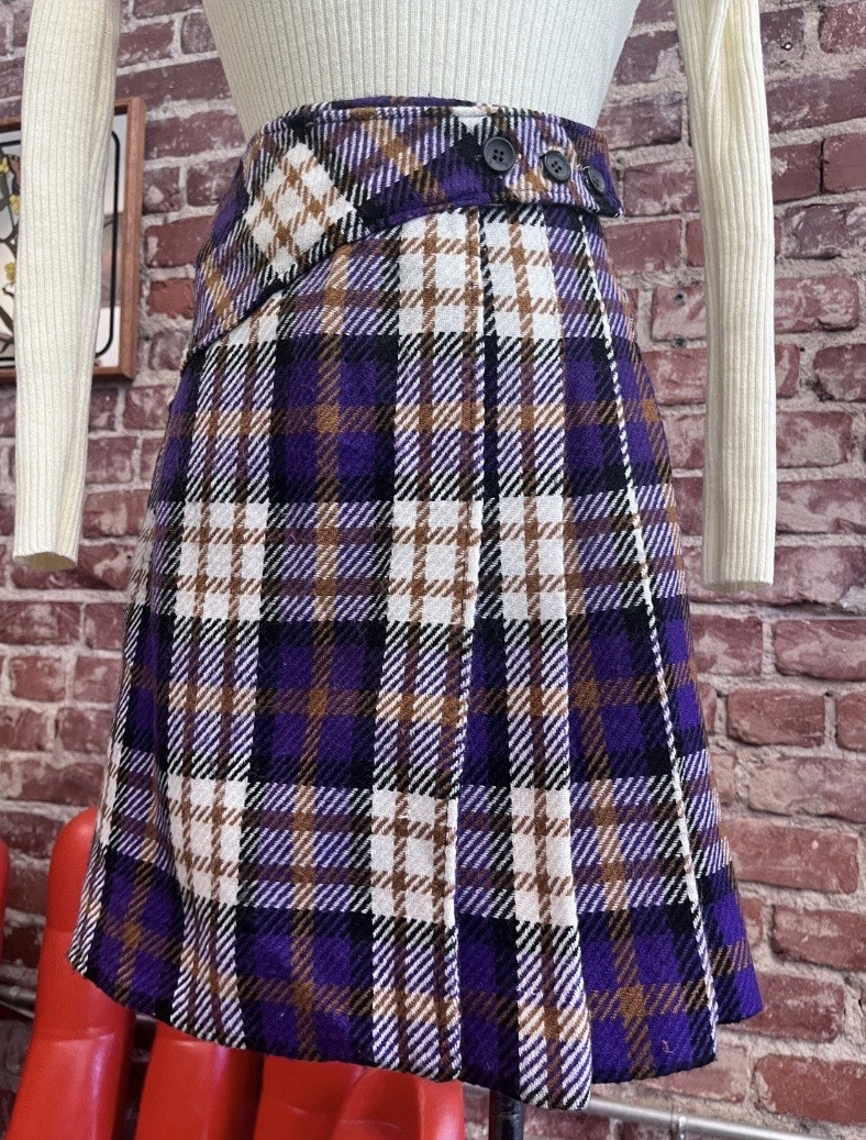 70s Vintage Ultra Mod Plaid A-Line Mini Skirt Purple Size 26.5” Waist
