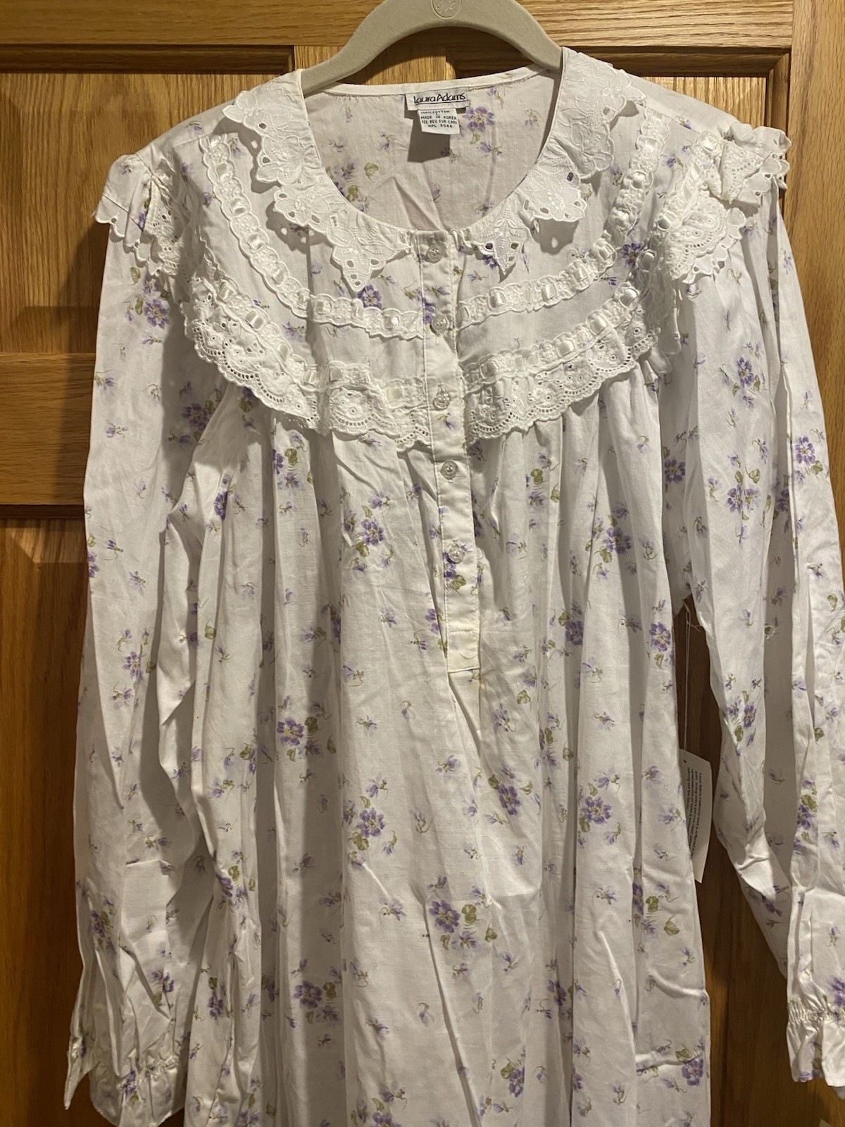 VTG Laura Adams Nightgown Women LARGE Cotton White Floral Lace Trim NWT Prairie