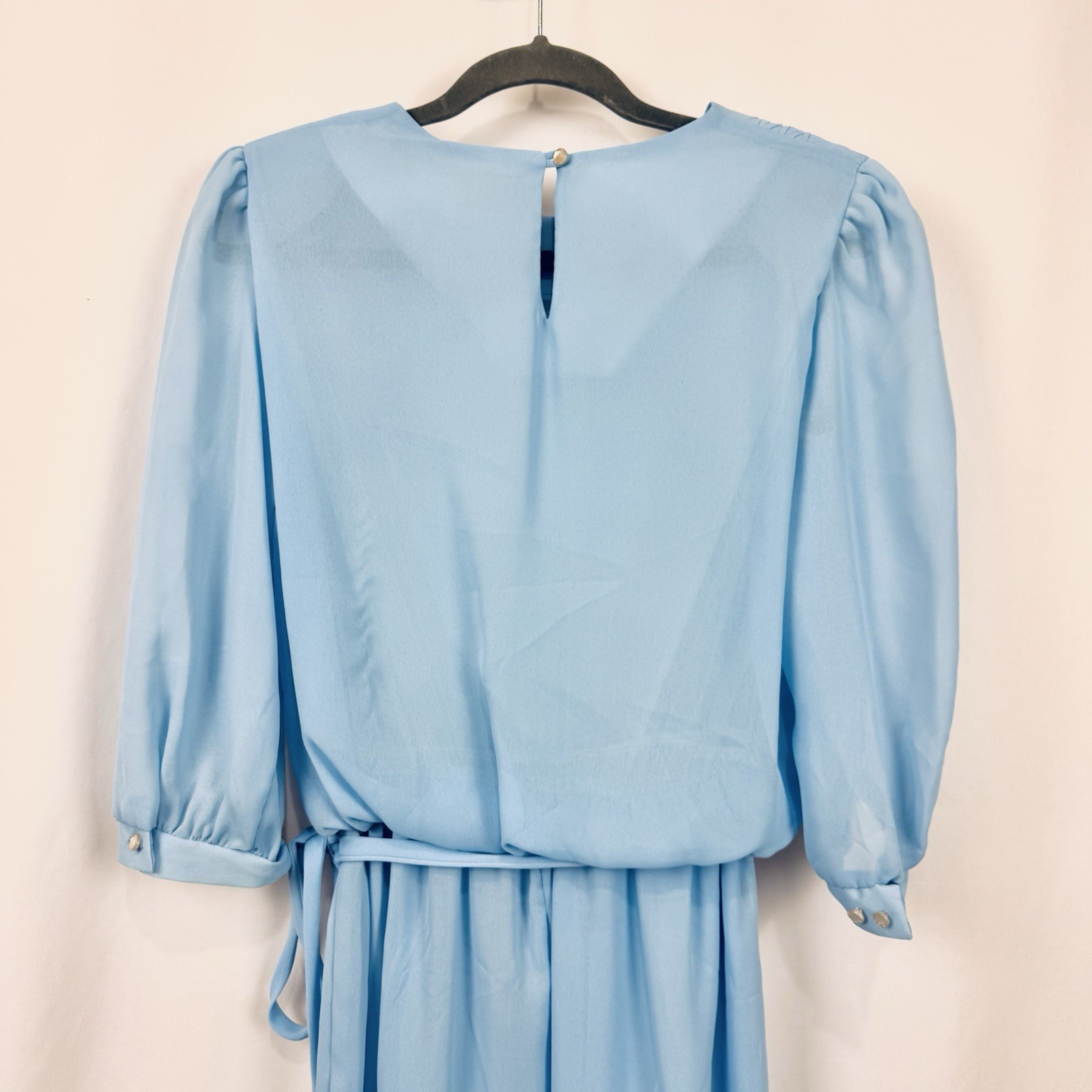 Vintage 70s Lady Carol 12 Blue Lightweight Sheer Blouson Midi Dress 3/4 Sleeve