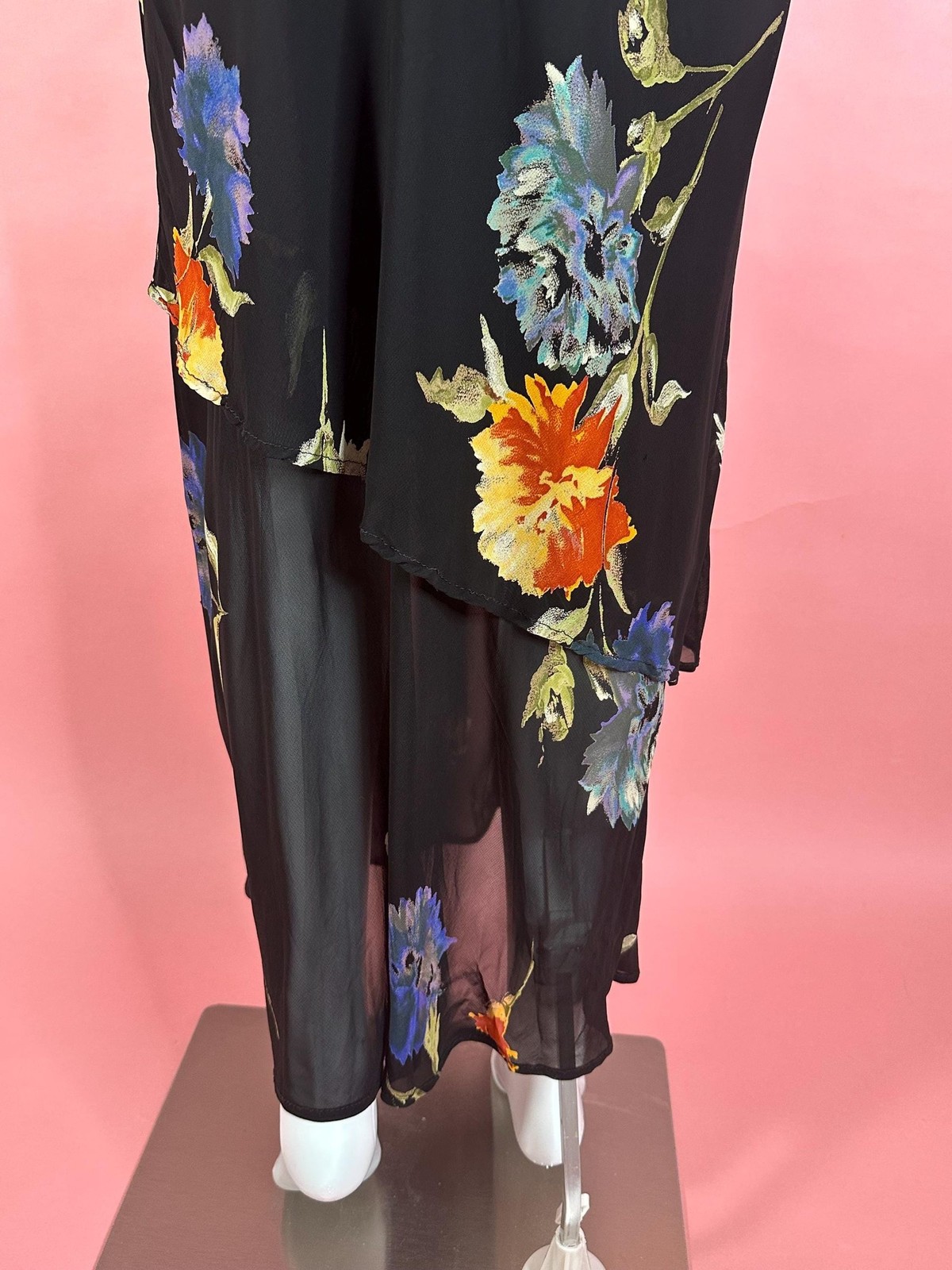 1990s-Y2K LAPIS Semi Sheer Tiered Ruffle Floral Sleeveless Maxi Slip Dress. SM