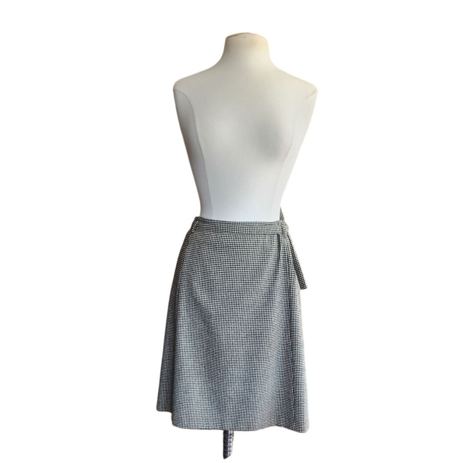 Vintage Dries Van Noten Skirt Gray Houndstooth Wool Knee Length Belt Sash Medium
