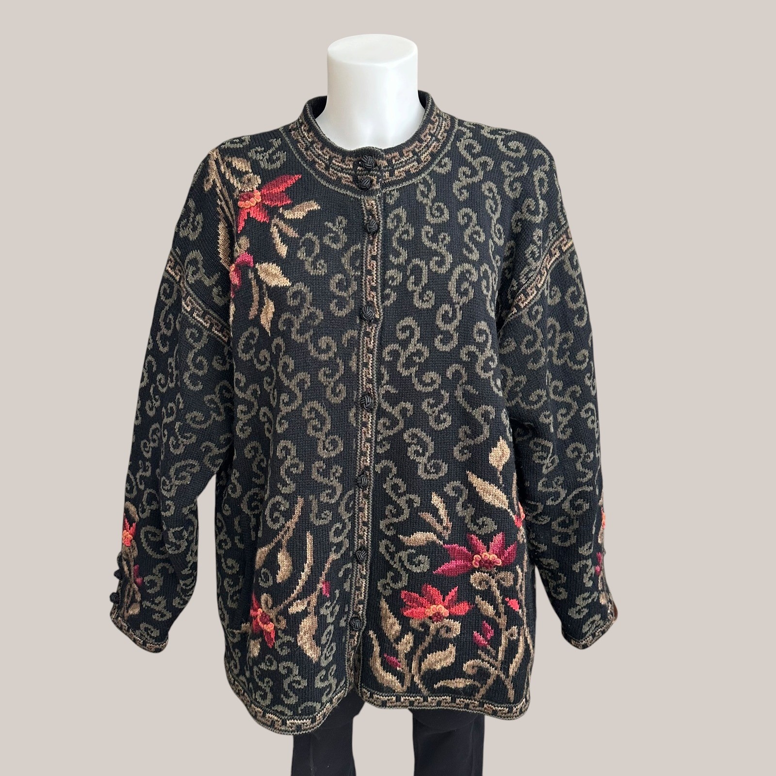 Icelandic Vintage 3D Chunky Fair Isle Knit Floral Embroidered Sweater XL