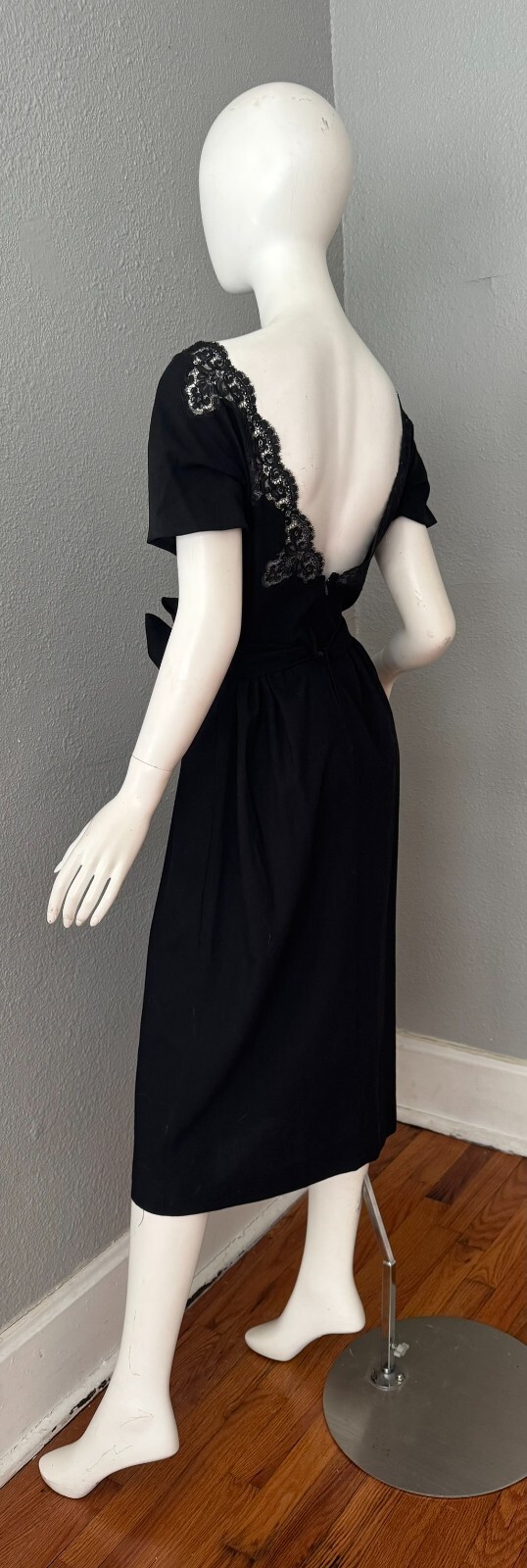 Vintage 60s Black Plunging Bow CHARLES COOPER Cocktail Party Dress M