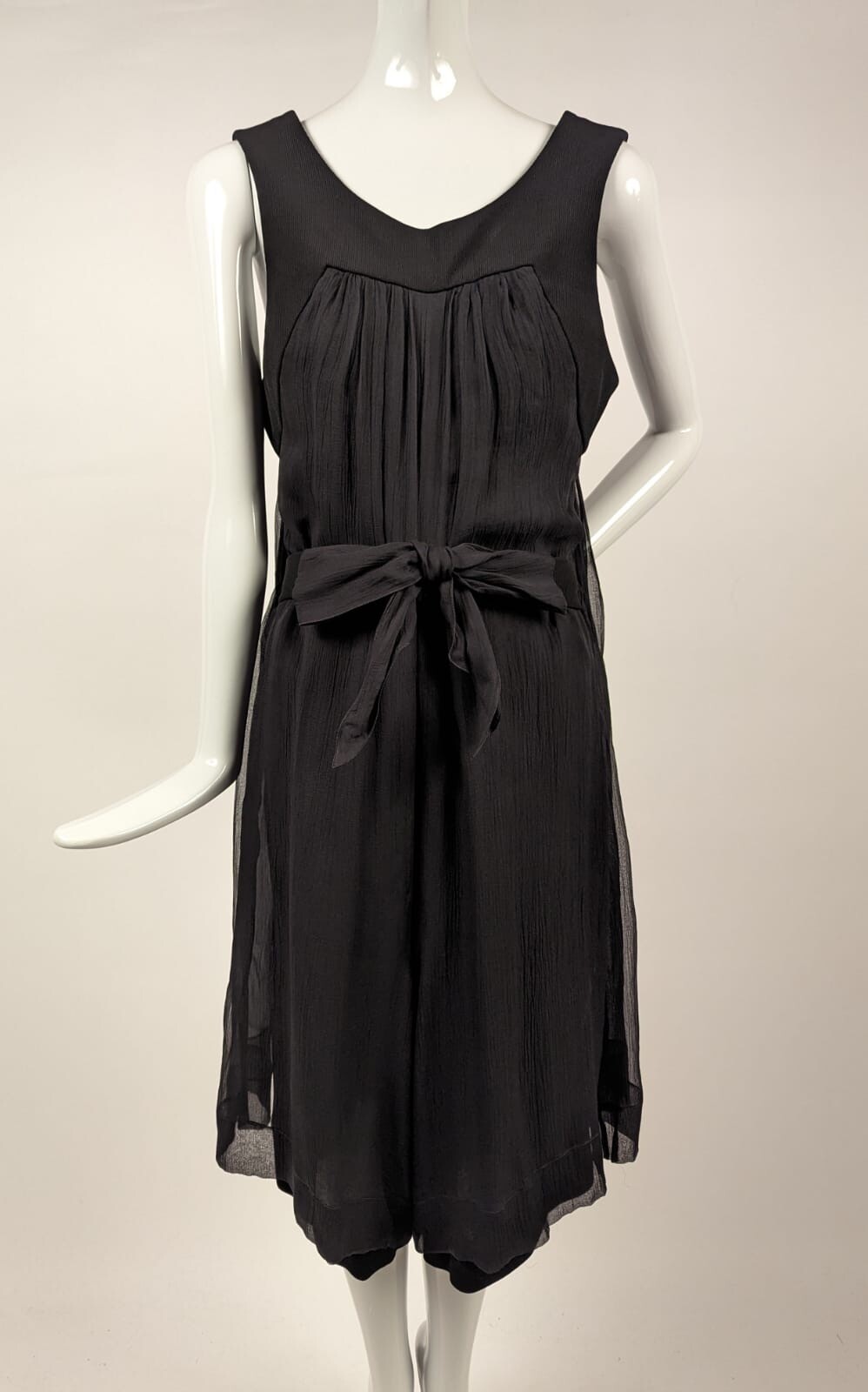 VINTAGE CHANEL SILK JERSEY + SILK CHIFFON SHORT JUMPSUIT W SHEER WATTEAU REAR