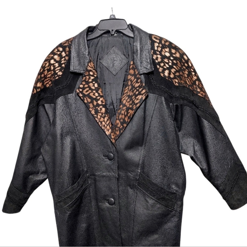 Vintage 80s JF J Ferrar Black Leopard Print Leather Suede Trench Coat Size Large