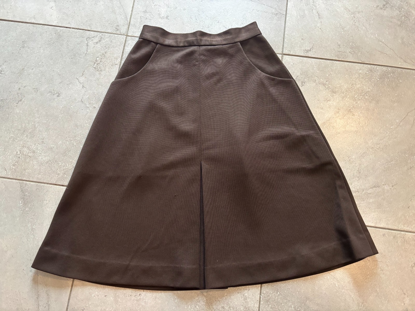 Vintage 70s Dark Brown Polyester Swing A-Line Midi Secretary Pleated Skirt XS/S
