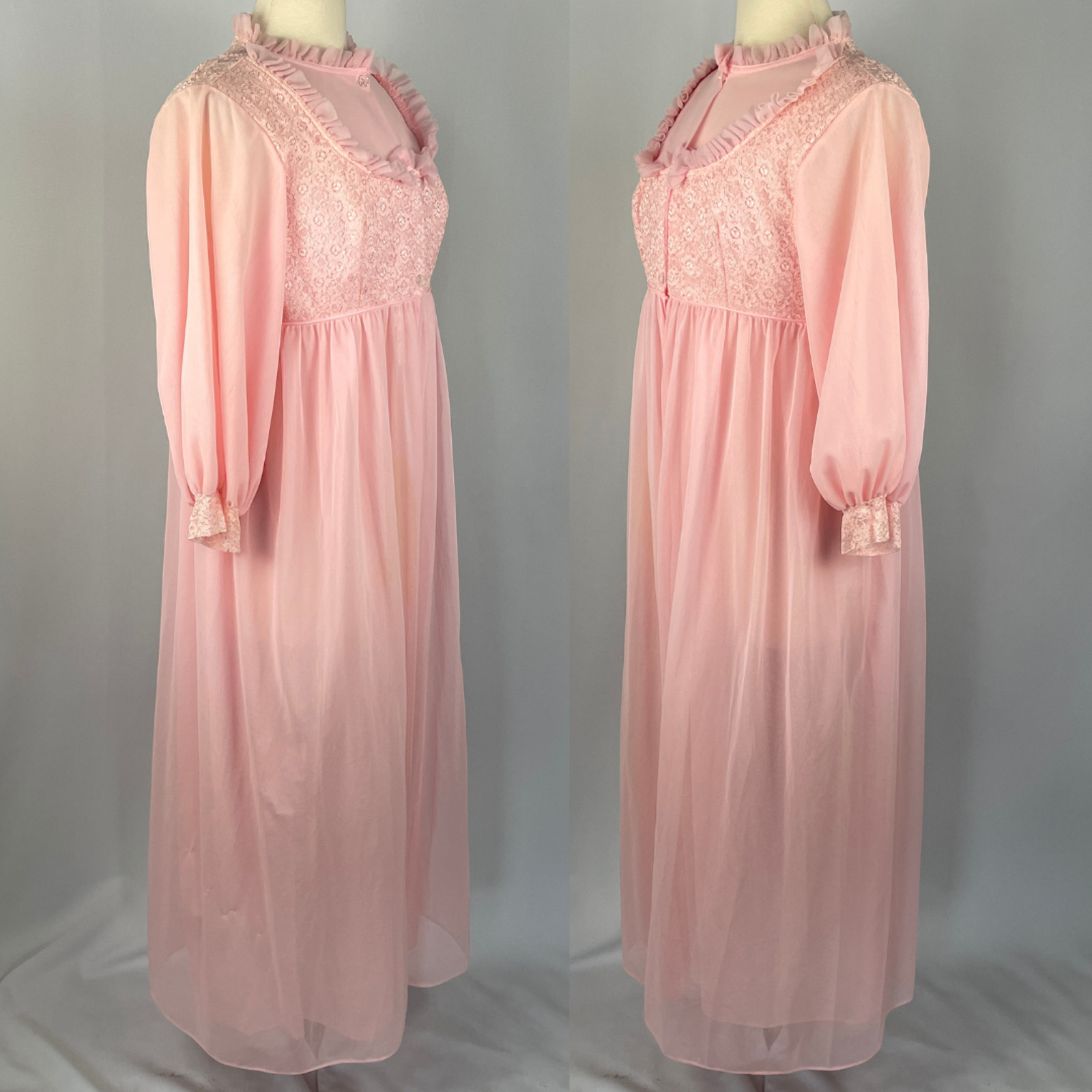 Vintage 70s Peignoir Set Large Pink Sheer Chiffon Lace Lingerie Babydoll 2 Piece