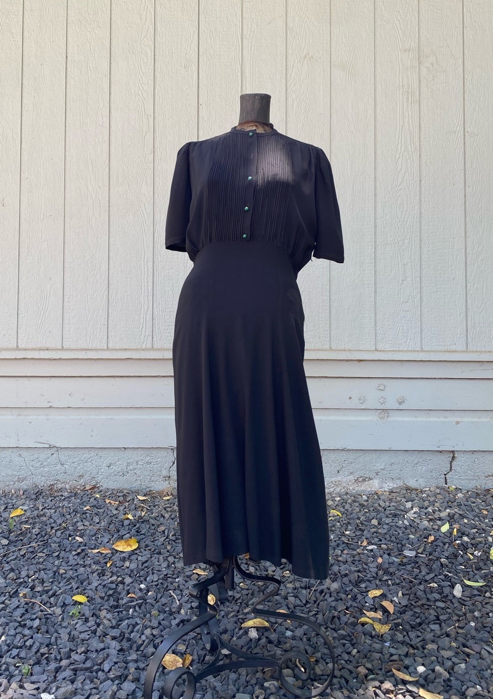 30s/40s Black Rayon Crepe Pintuck Midi Dress S/M 28W Vintage Frock