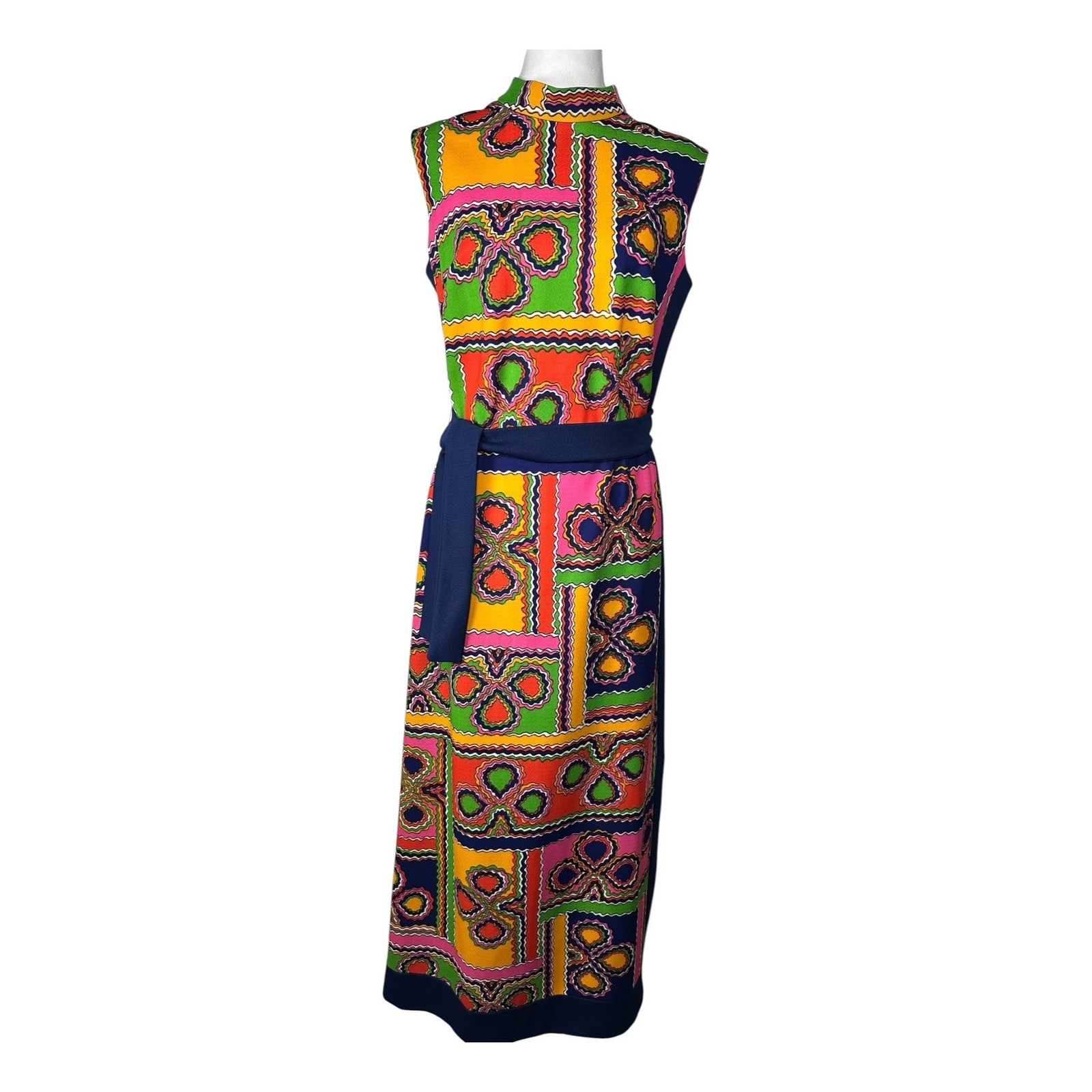 Vintage Kay Winds Geometric Maxi Dress Mock Neck Sleeveless Multicolor Size 8