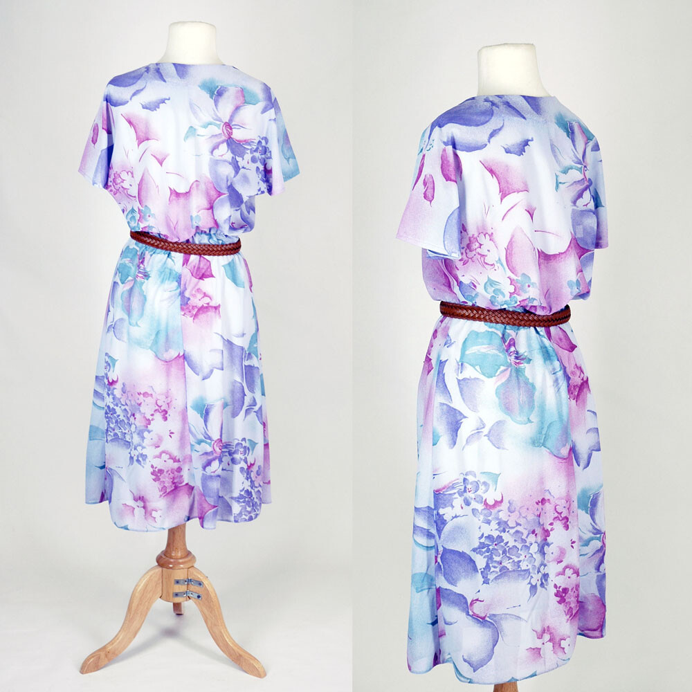 Vintage 1970s Dress Pink & Aqua Blue Spring Floral Print Midi Wrap Sundress