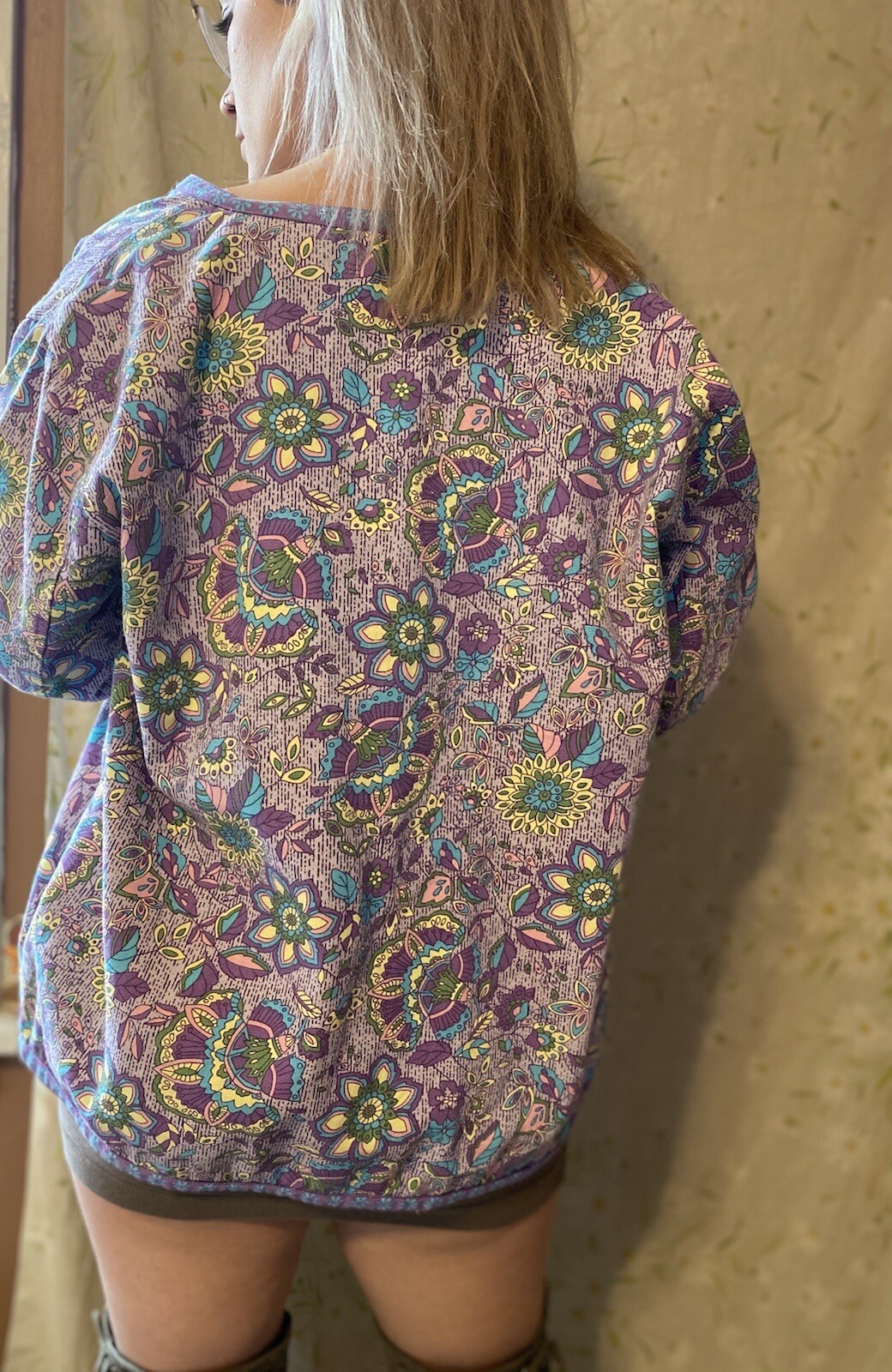 80’s Vintage Tudor Court Floral Vibrant Pastel Purple Tapestry Jacket Cardigan