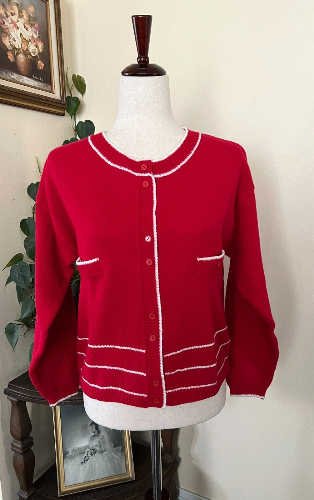 A’ Milano Vintage Red Cardigan Sweater White Trim sz M