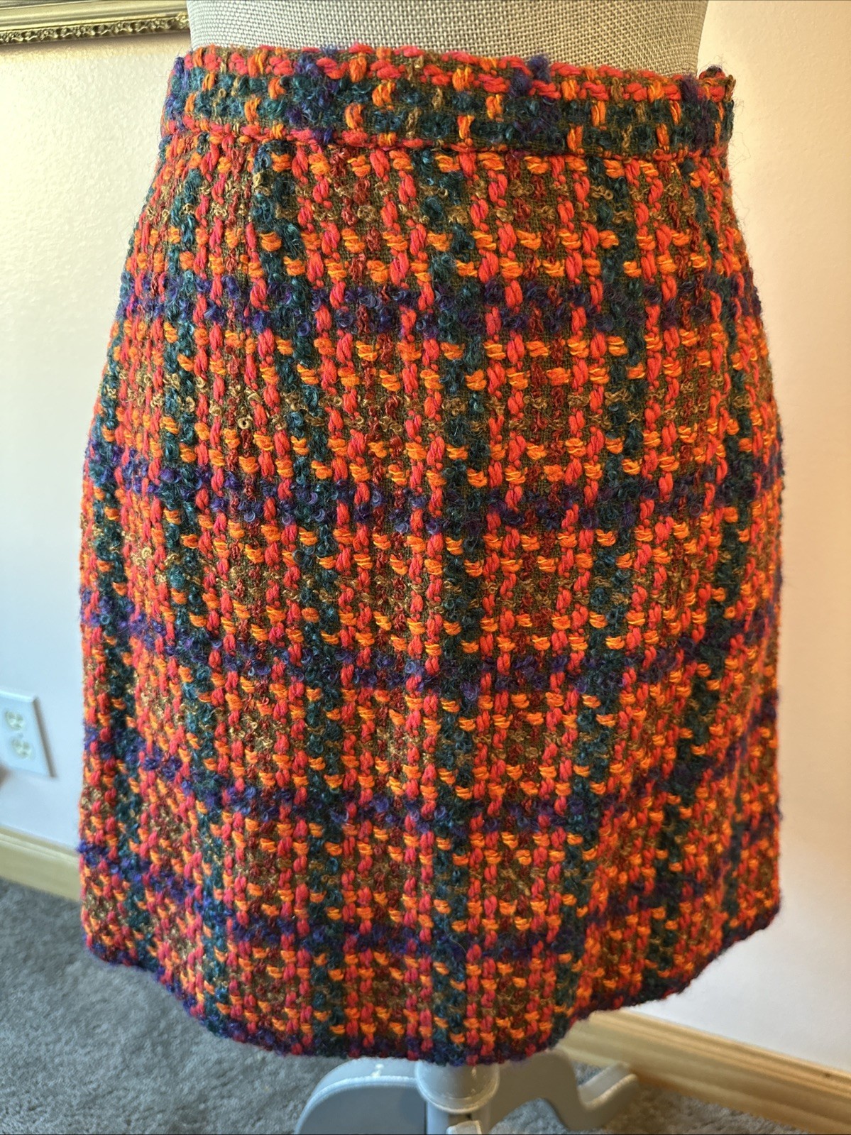 1980s Tailored Devon Hall Tweed Wool Plaid Lined Jacket & Skirt Suit 2pc sz 2