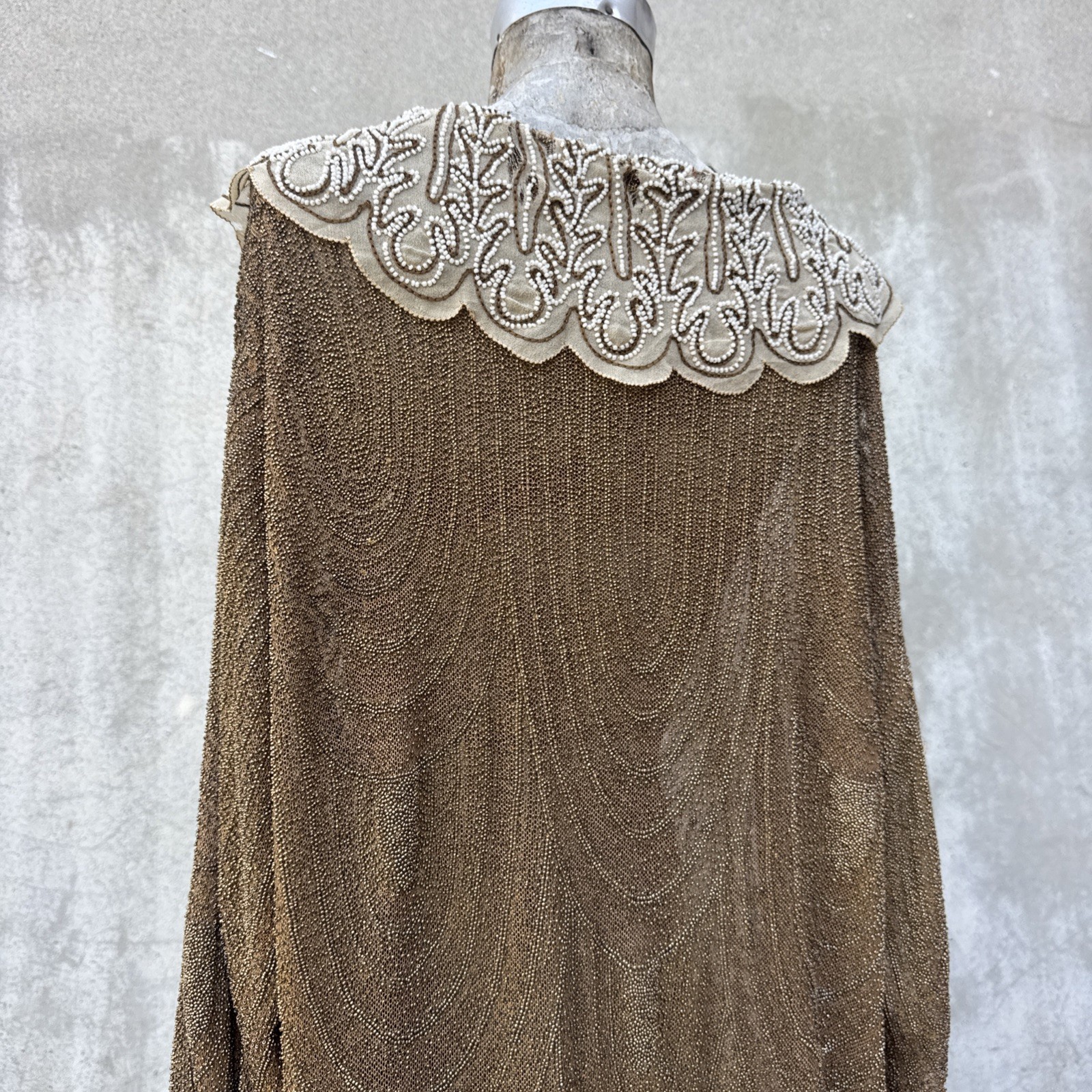 Antique 1920s Completely Beaded Gold Coat Scalloped Hem Art Deco Net Vintage
