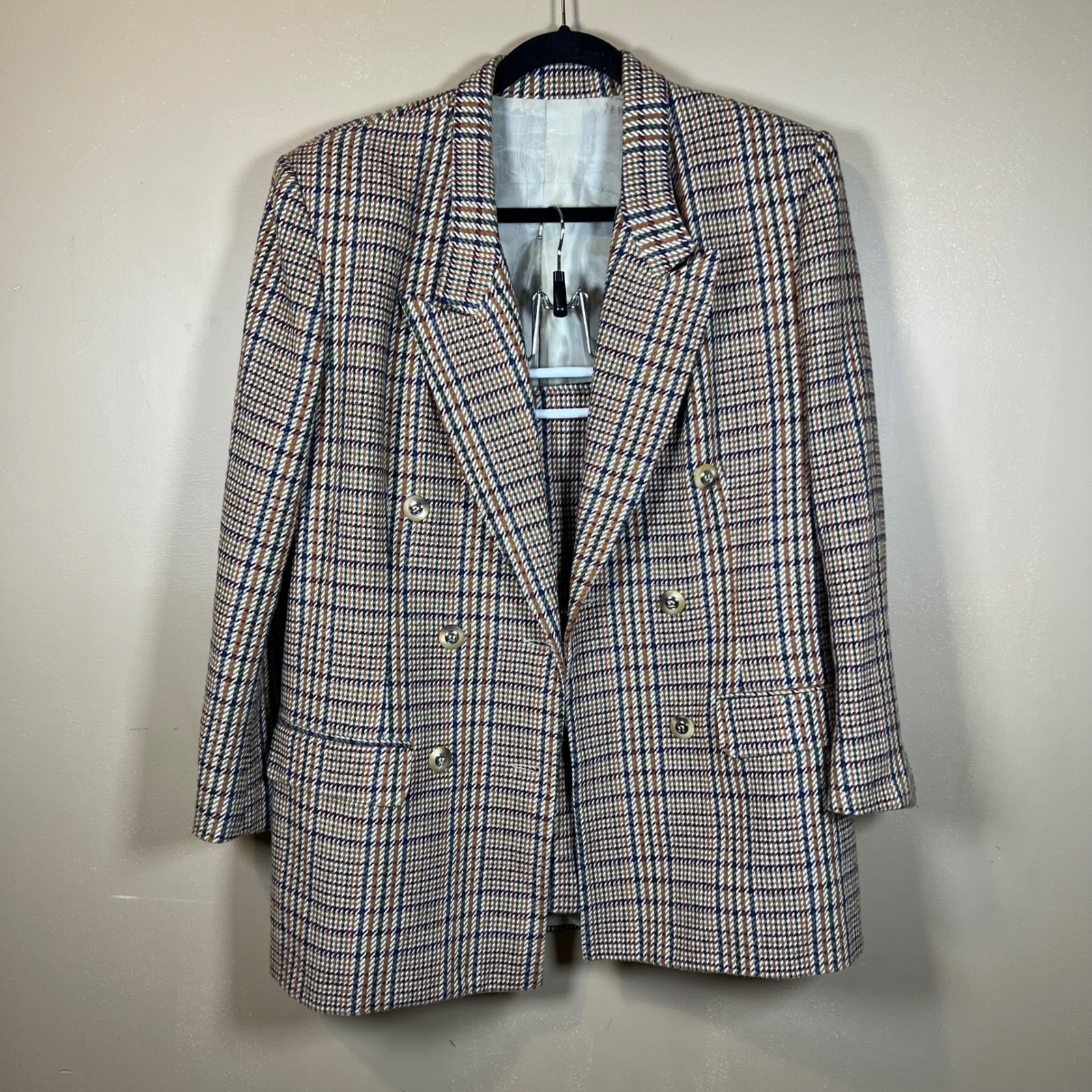Hugo Buscati Milano Vintage Plaid Skirt Suit Brown Blue Wool Blend Size 8 USA