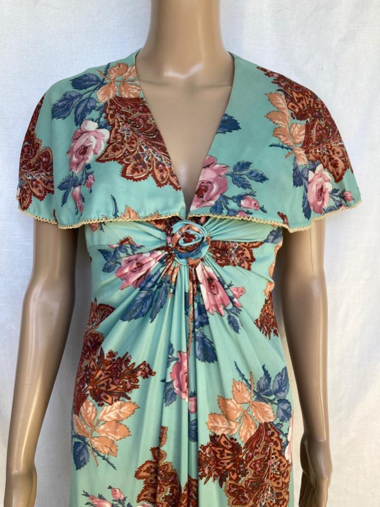 Corky Craig California Dress Vtg 1960s Caplet Shawl Collar Aqua Rose Paisley